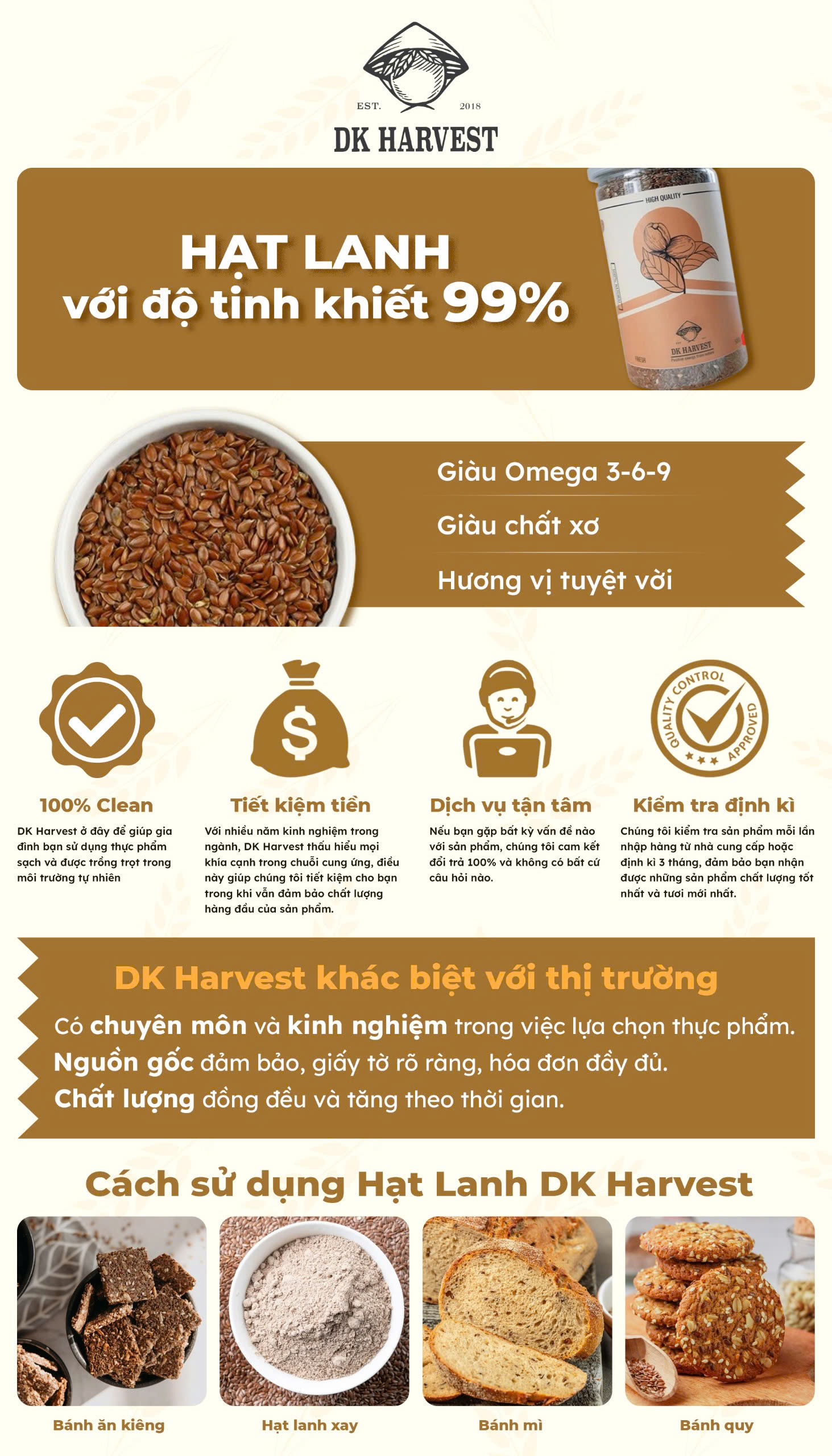Mô tả Hạt Lanh DK Harvest 500g - Không Bụi | Dưỡng Da, Khỏe Tóc, Giàu Dinh Dưỡng - 1