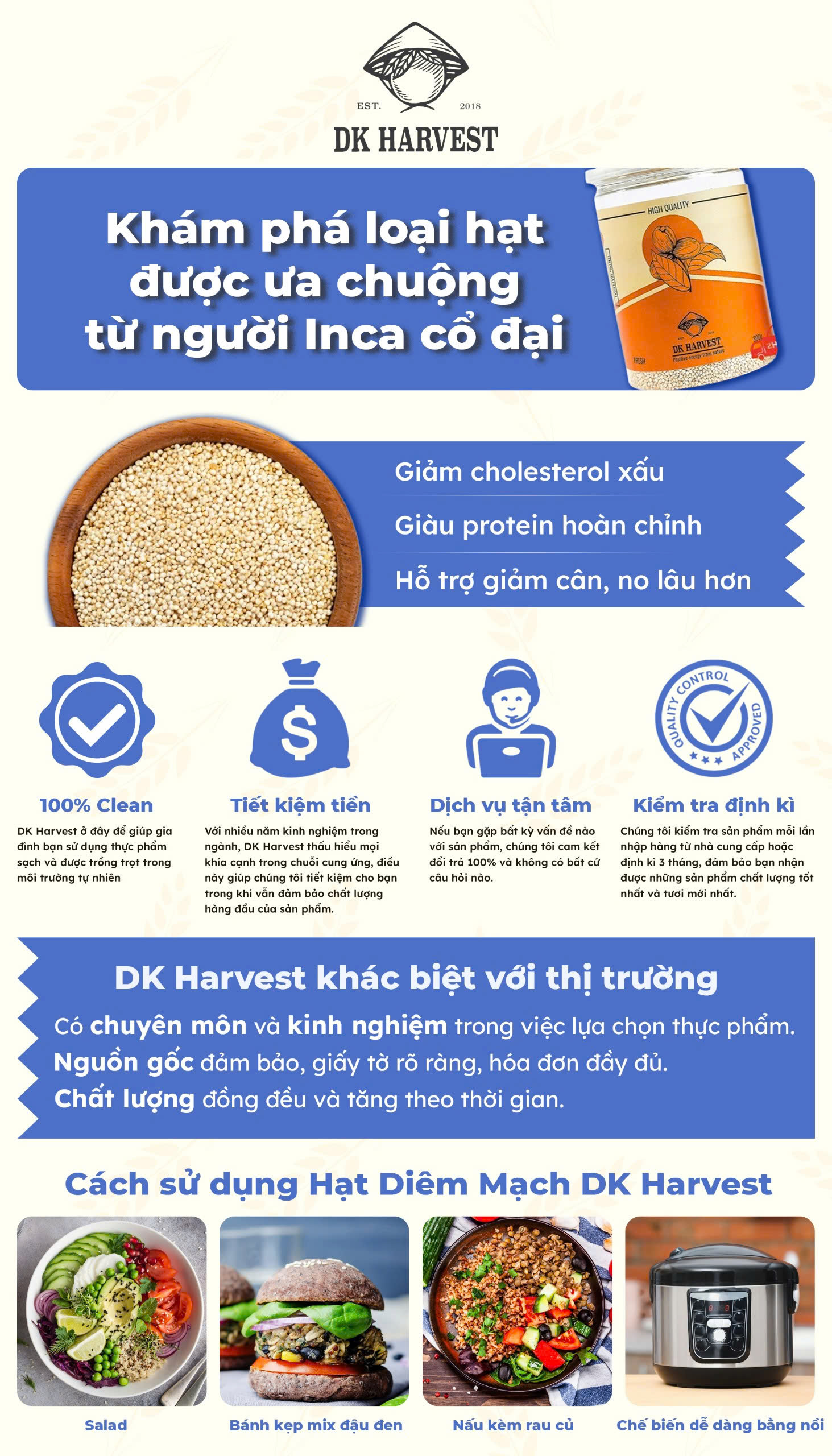Mô tả Hạt Diêm Mạch DK Harvest - Nhập Khẩu Peru | Giàu Protein Hoàn Chỉnh, Chất Xơ, Tốt Cho Hệ Tiêu Hóa - 1