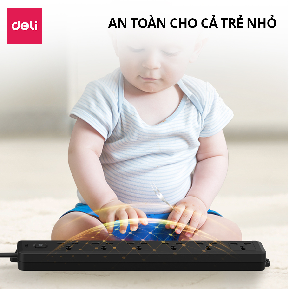 Mô tả Ổ Cắm Điện Mẫu Mới 2025 Deli Ổ ĐIện Đa Năng Chống Cháy Nổ 2500W Cổng Sạc USB/ TypeC Thông Minh - 3