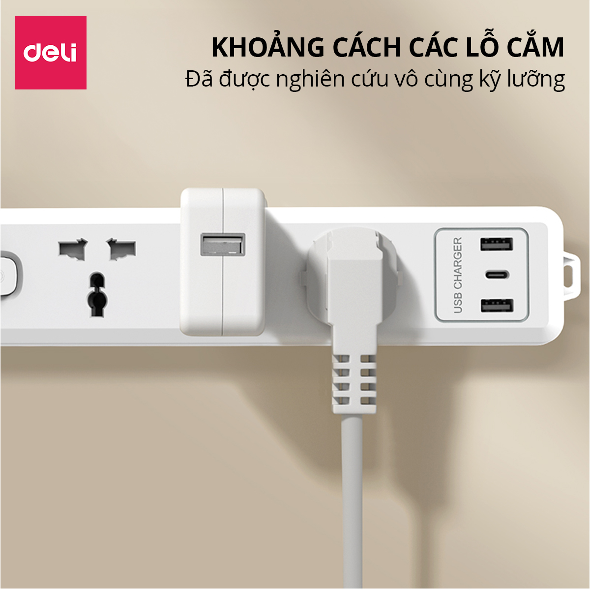 Mô tả Ổ Cắm Điện Mẫu Mới 2025 Deli Ổ ĐIện Đa Năng Chống Cháy Nổ 2500W Cổng Sạc USB/ TypeC Thông Minh - 2