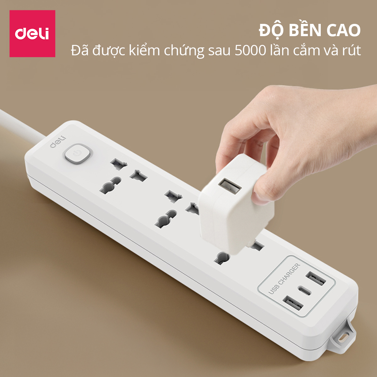 Mô tả Ổ Cắm Điện Mẫu Mới 2025 Deli Ổ ĐIện Đa Năng Chống Cháy Nổ 2500W Cổng Sạc USB/ TypeC Thông Minh - 5