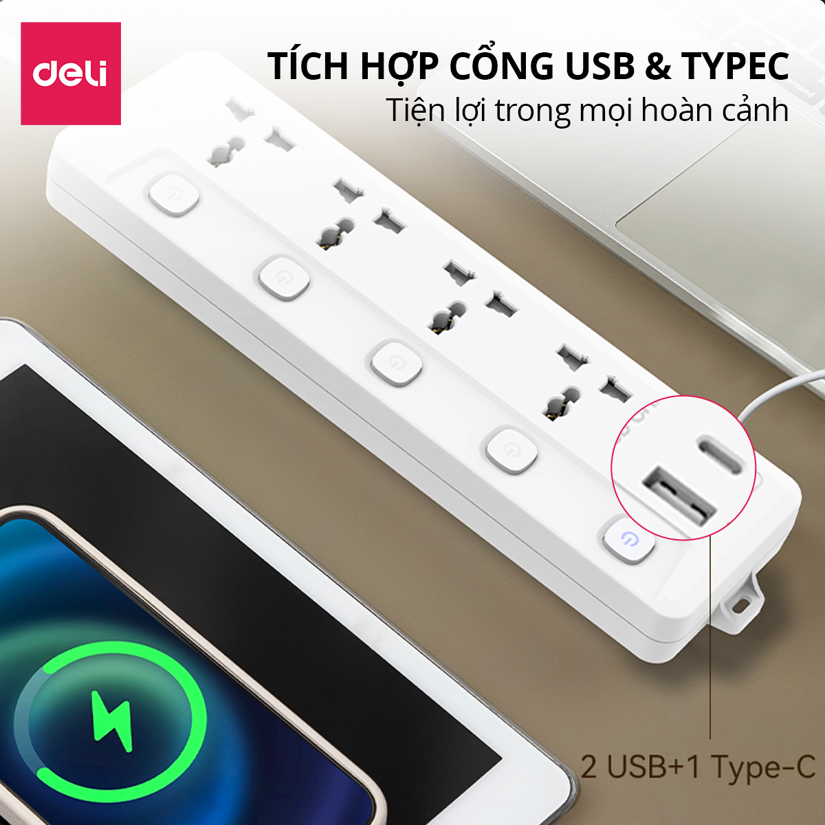 Mô tả Ổ Cắm Điện Mẫu Mới 2025 Deli Ổ ĐIện Đa Năng Chống Cháy Nổ 2500W Cổng Sạc USB/ TypeC Thông Minh - 4