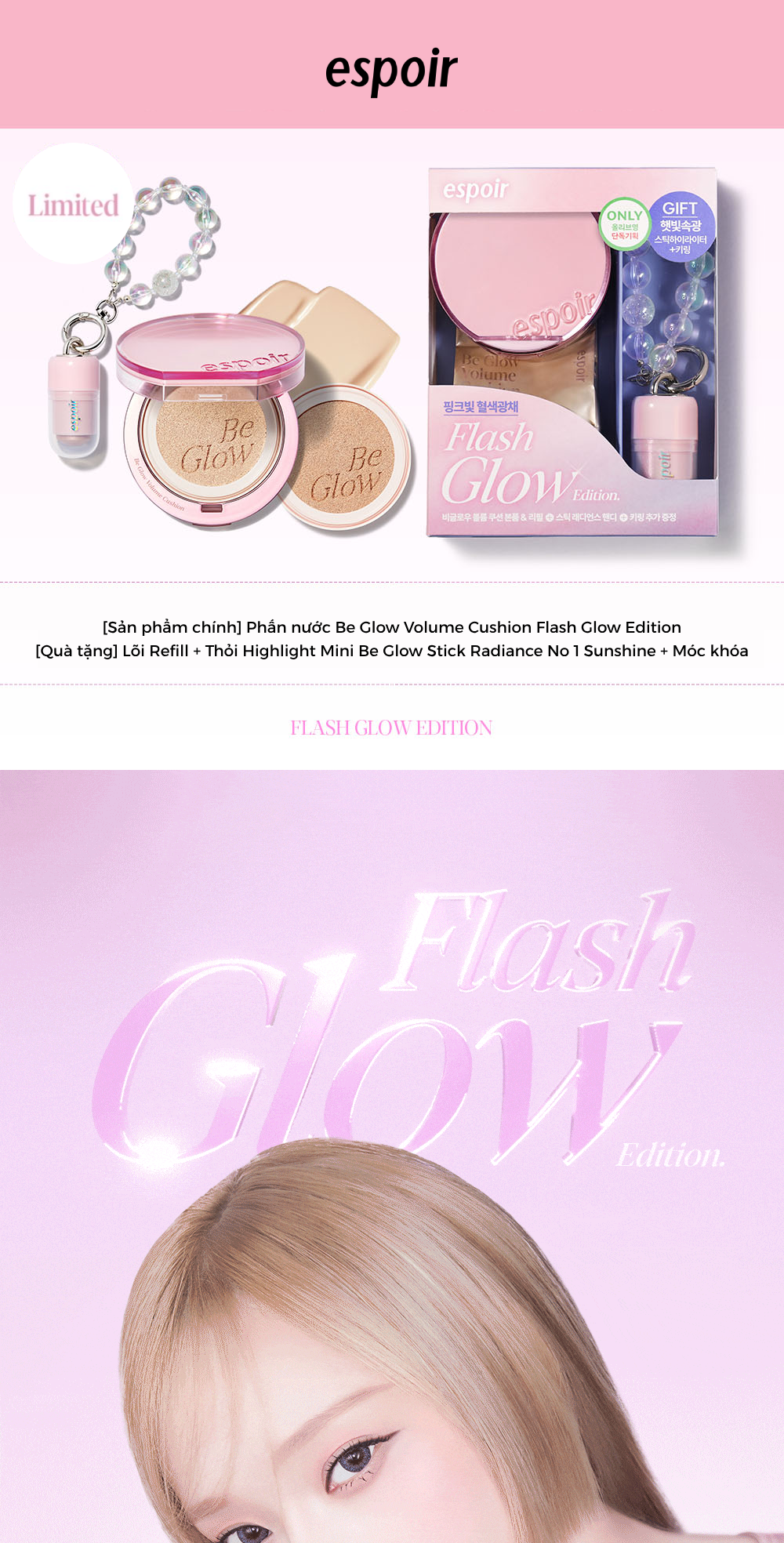 Mô tả Phấn Nước Bắt Sáng Espoir Be Glow Volume Cushion Flash Glow Edition SPF42 PA+++ 13g  (Tặng Kèm Lõi Refill) - 1