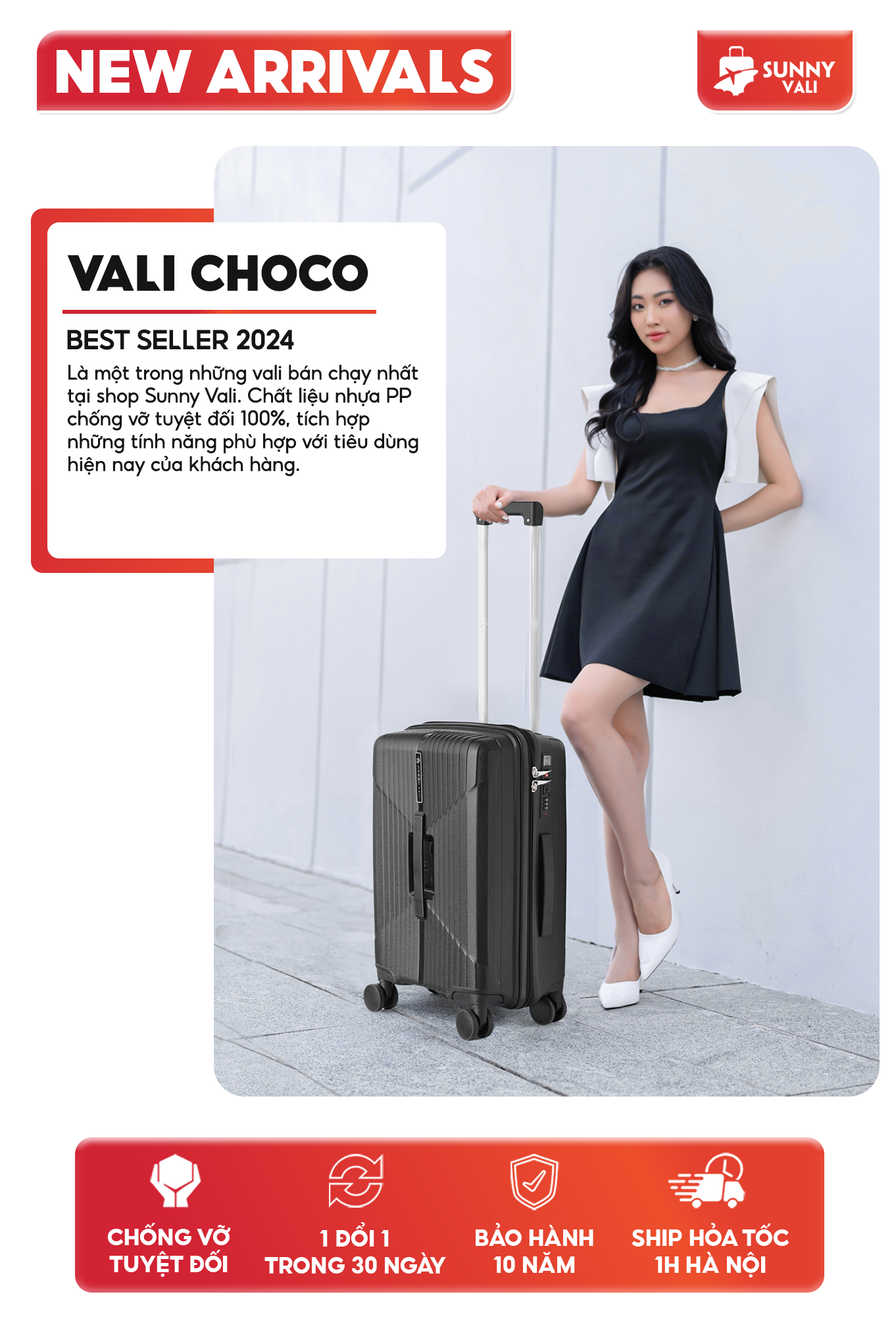 Mô tả Vali kéo SUNNY CHOCO nhựa PP chống vỡ tuyệt đối, tích hợp cổng sạc USB và ngăn đựng cốc, vali size 28 24 20 - 1