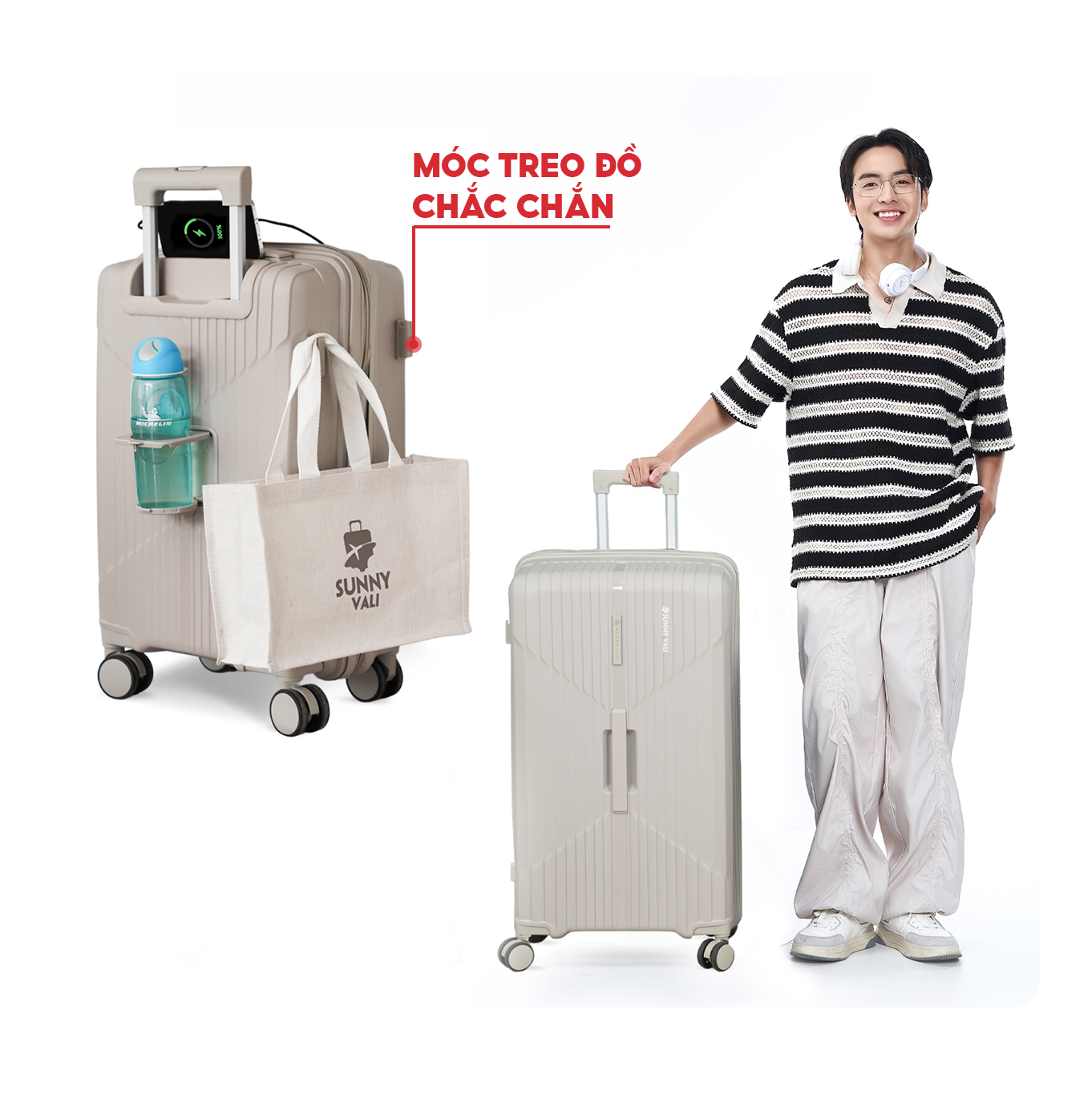 Mô tả Vali kéo SUNNY CHOCO nhựa PP chống vỡ tuyệt đối, tích hợp cổng sạc USB và ngăn đựng cốc, vali size 28 24 20 - 3