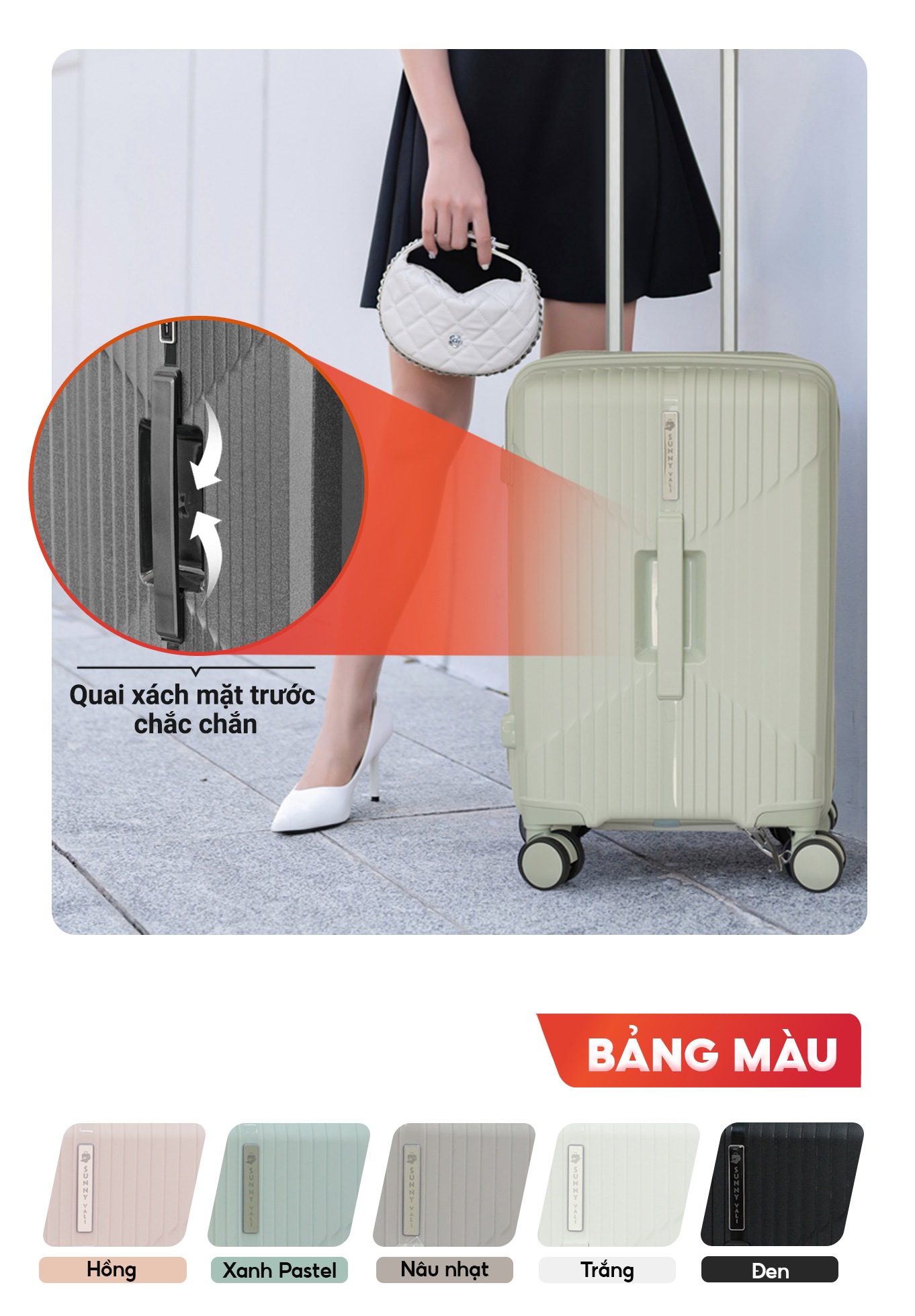 Mô tả Vali kéo SUNNY CHOCO nhựa PP chống vỡ tuyệt đối, tích hợp cổng sạc USB và ngăn đựng cốc, vali size 28 24 20 - 4
