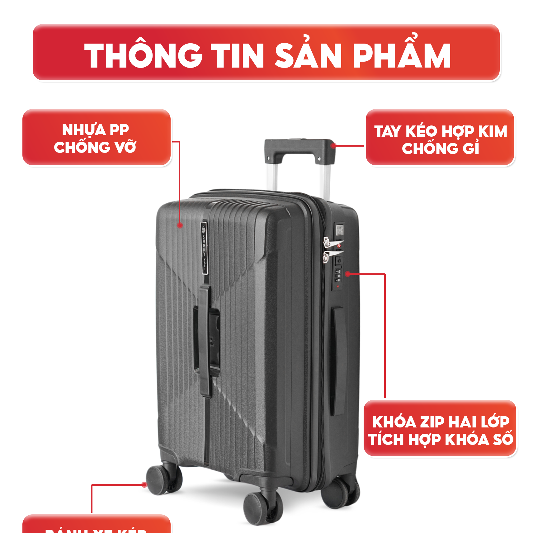 Mô tả Vali kéo SUNNY CHOCO nhựa PP chống vỡ tuyệt đối, tích hợp cổng sạc USB và ngăn đựng cốc, vali size 28 24 20 - 5