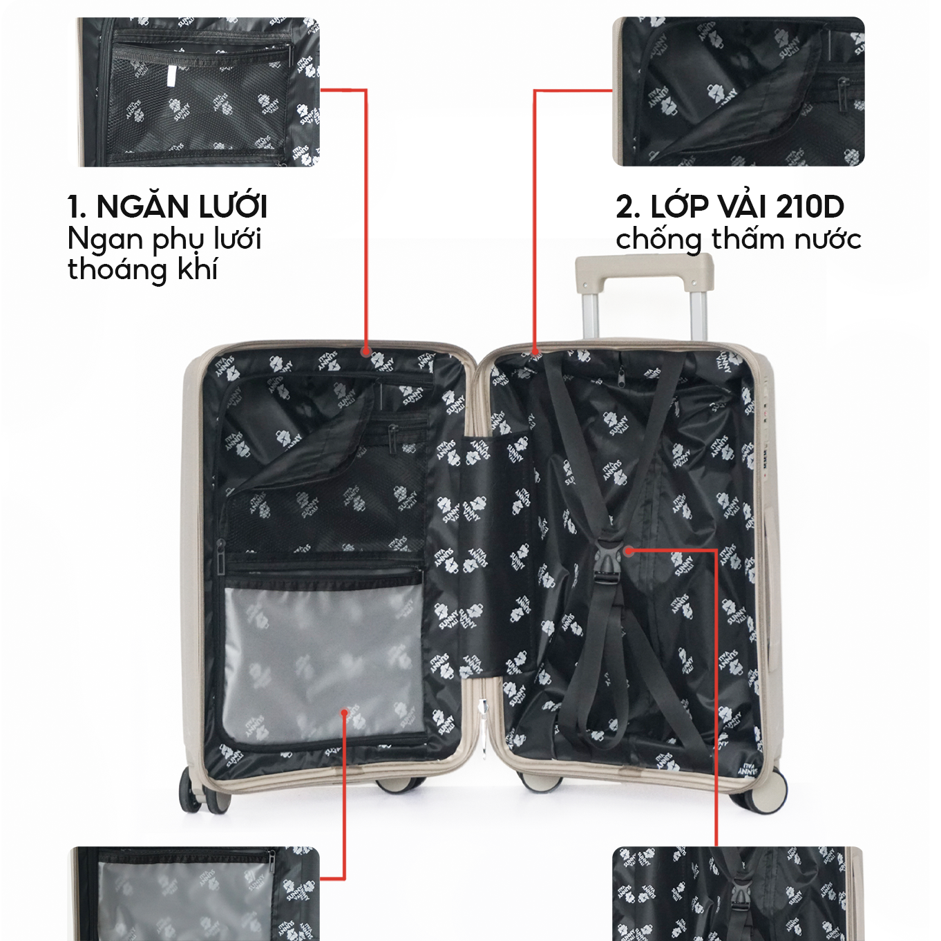 Mô tả Vali kéo SUNNY CHOCO nhựa PP chống vỡ tuyệt đối, tích hợp cổng sạc USB và ngăn đựng cốc, vali size 28 24 20 - 11