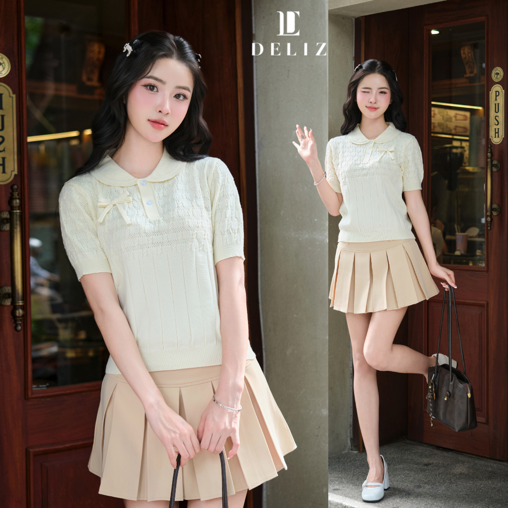 DELIZ - Áo len mùa hè tay ngắn cổ sen tiểu thư đính nơ len lông thỏ dệt ...
