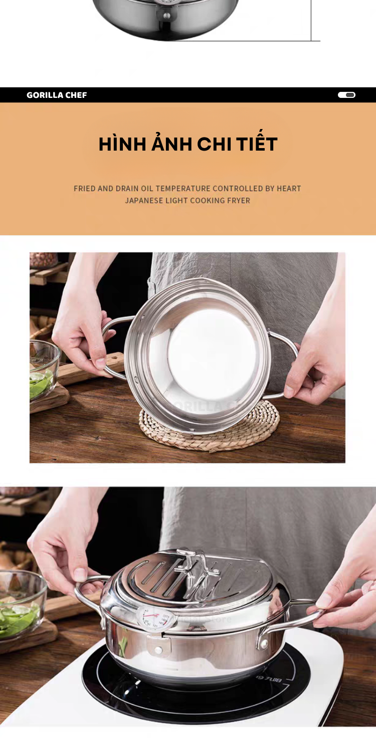 Nồi chiên ngập dầu đo nhiệt độ tự động Gorilla Chef 3 đáy dùng được ...