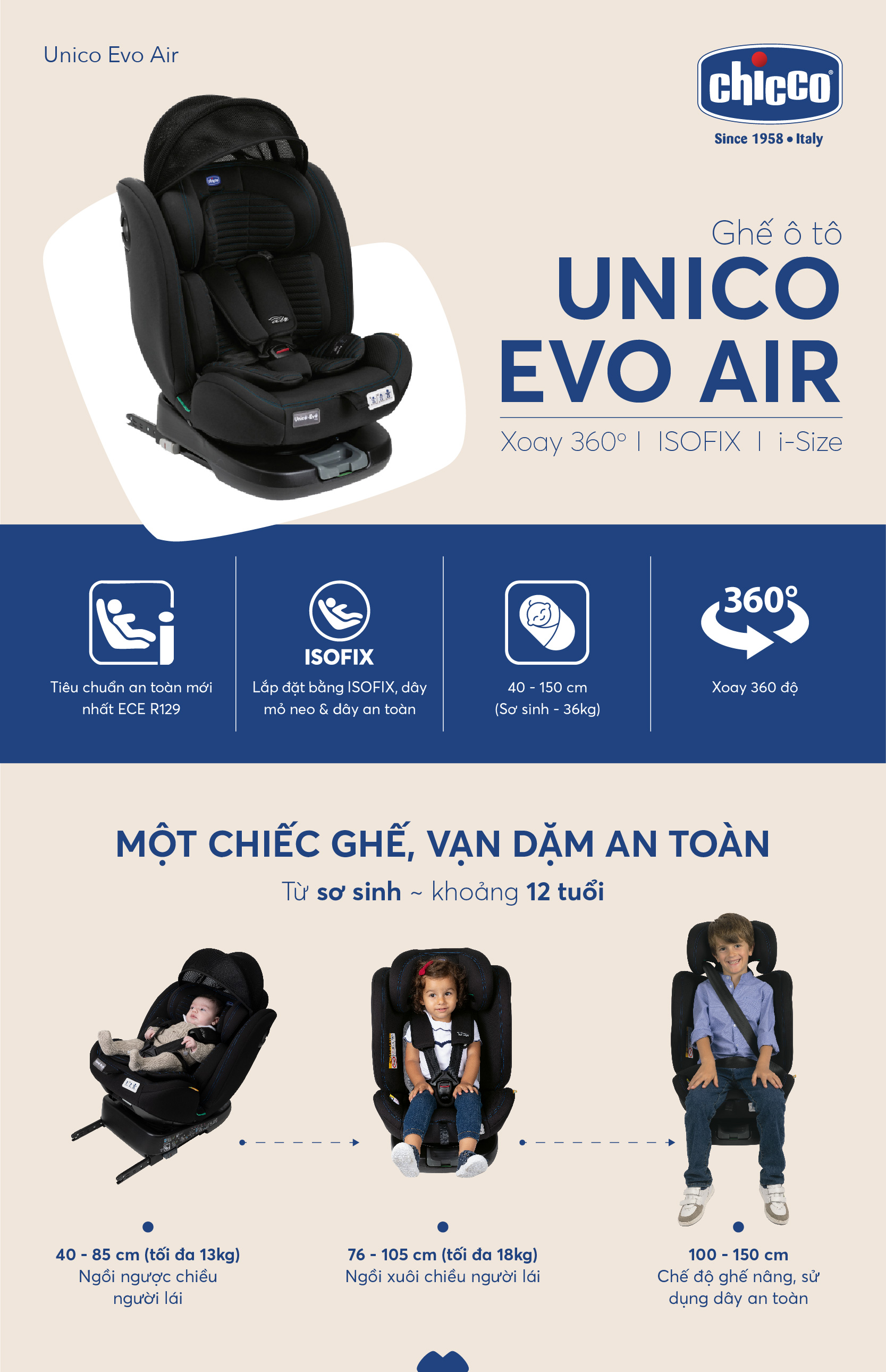 Ghế ngồi ô tô từ sơ sinh Chicco Unico Evo Air xoay 360˚ ISOFIX