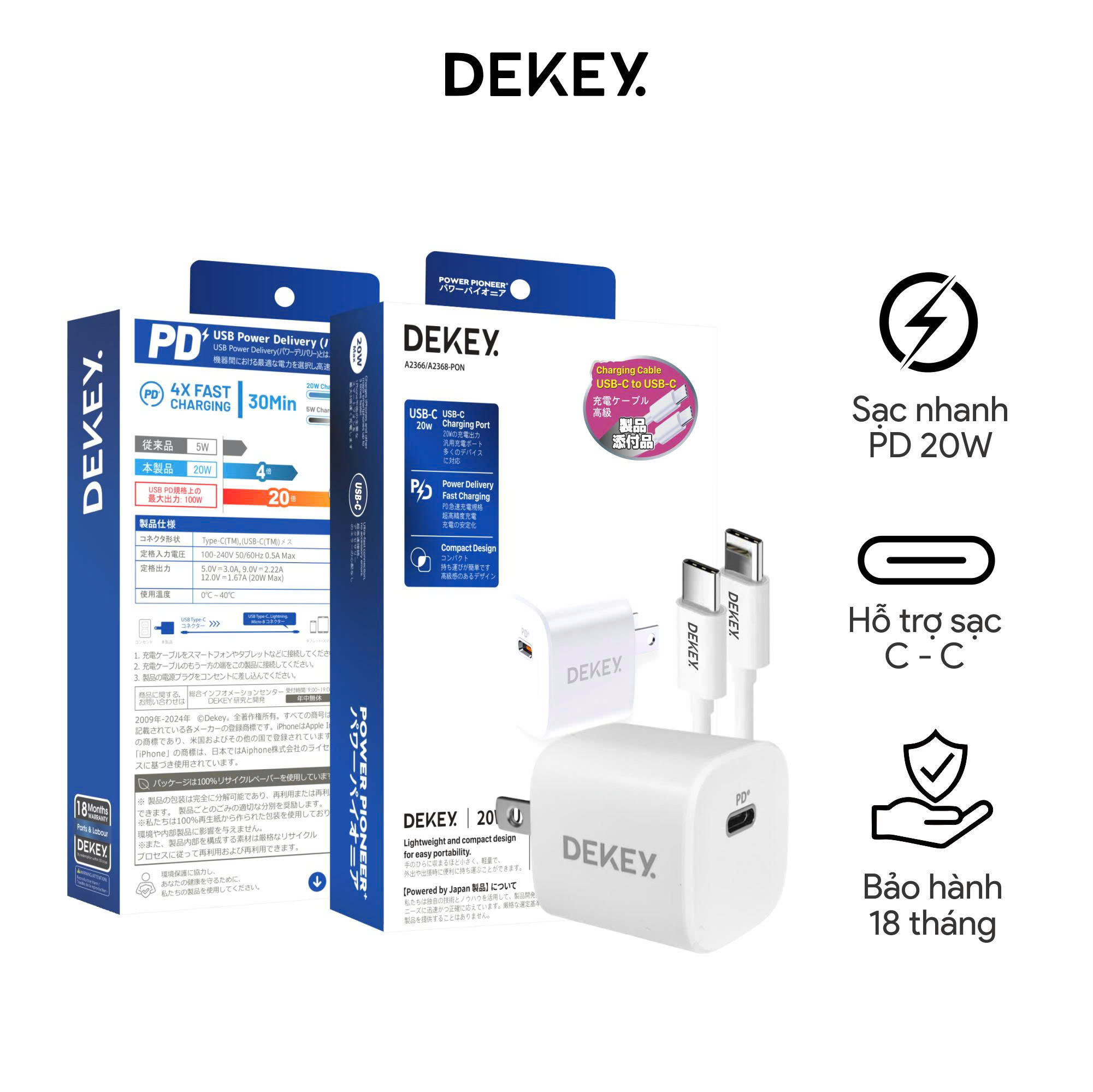 Combo Sạc Nhanh DEKEY Cốc Sạc 20W + Dây Sạc C-C Giải pháp sạc nhanh bền ...