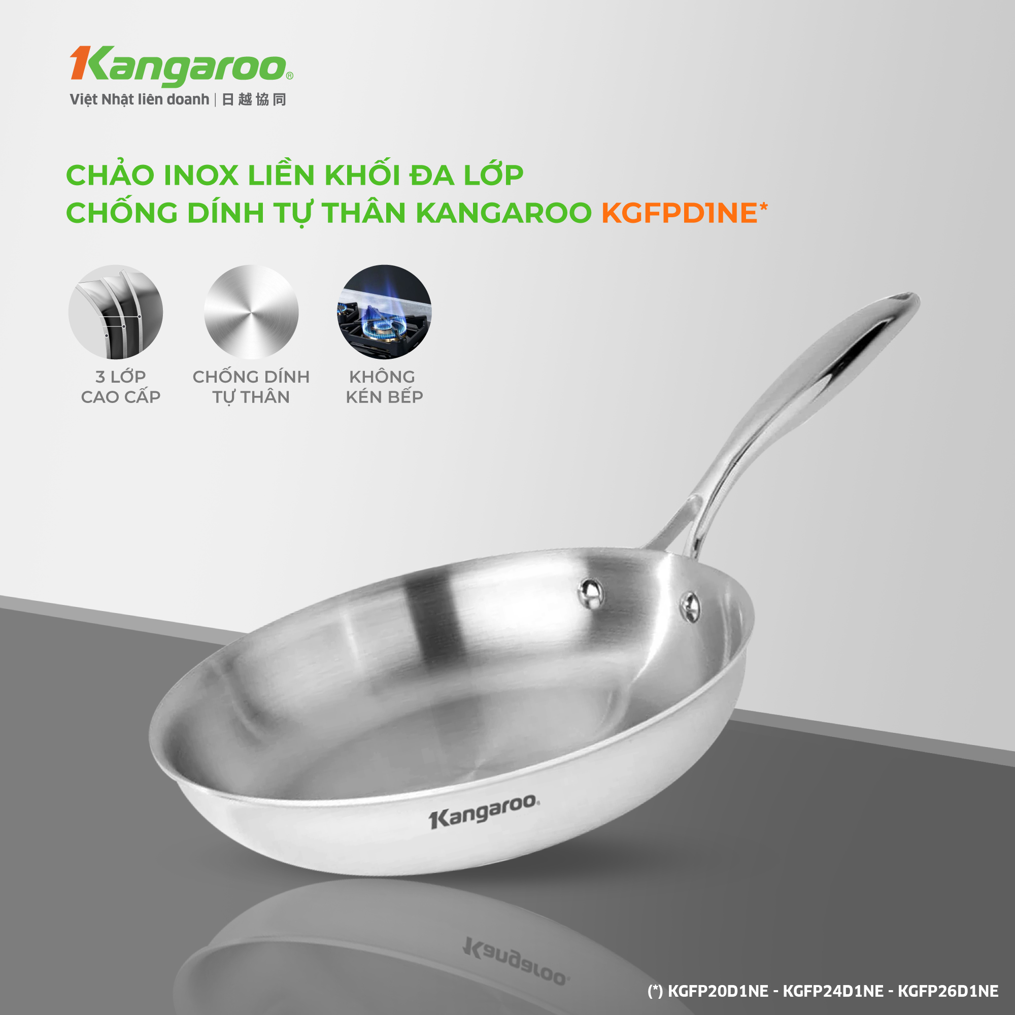 Chảo Inox liền khối đa lớp chống dính tự thân Kangaroo KGFPD1NE kích ...