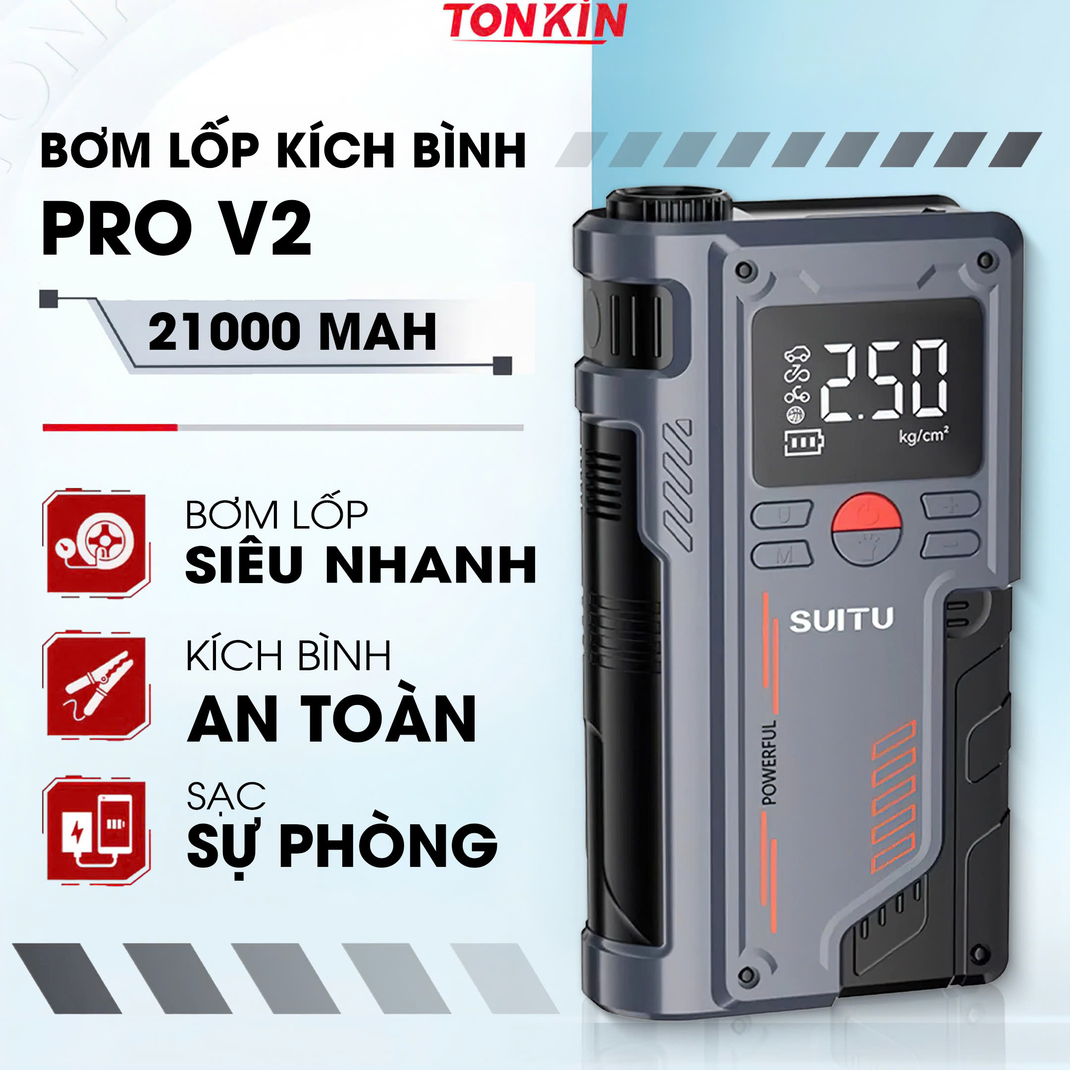 Bơm lốp kích bình ô tô 4 trong 1 Tonkin, pin 7200 Mah. tích hợp sạc dự ...