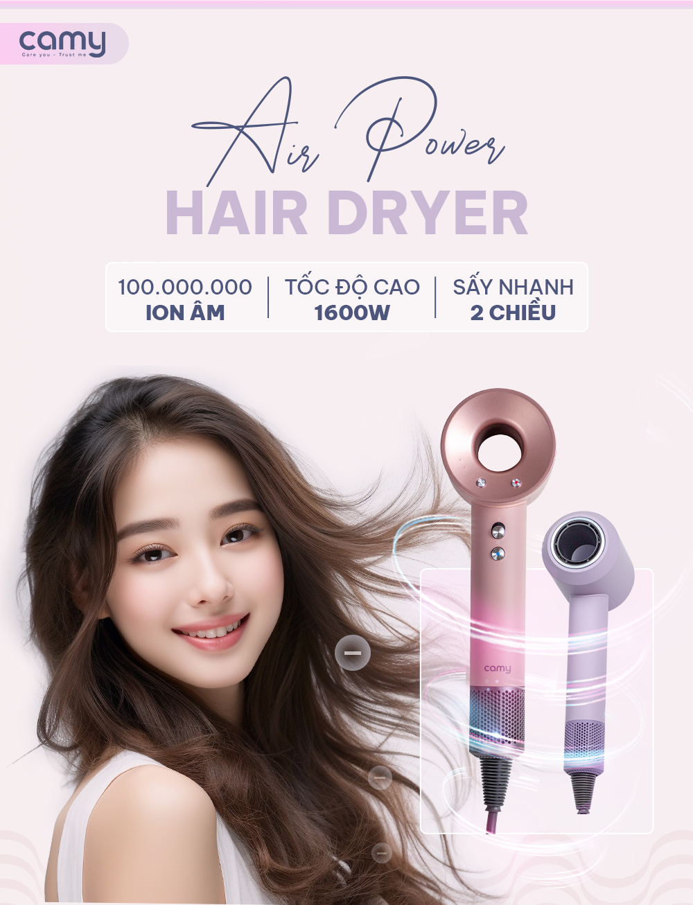 Máy sấy tóc ion âm Camy Air Power 2 chiều tạo kiểu bảo vệ tóc, tốc độ cao 1600W bảo hành 12 tháng
