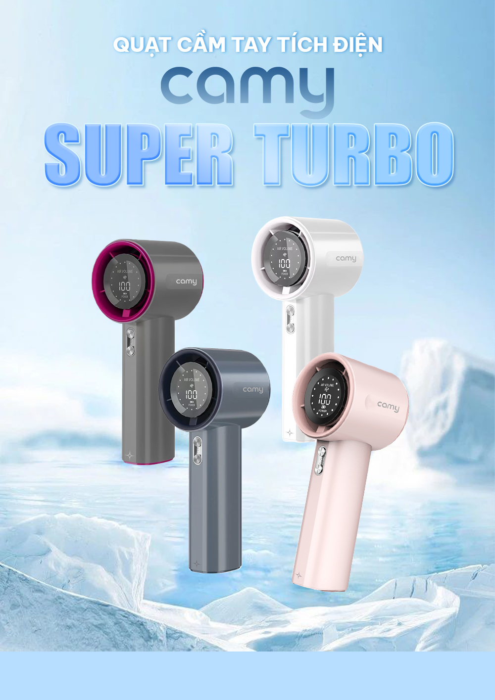 Quạt cầm tay Camy Super Turbo máy quạt tích điện mini 100 tốc độ gió 4000mAh màn hình led BH 6 tháng