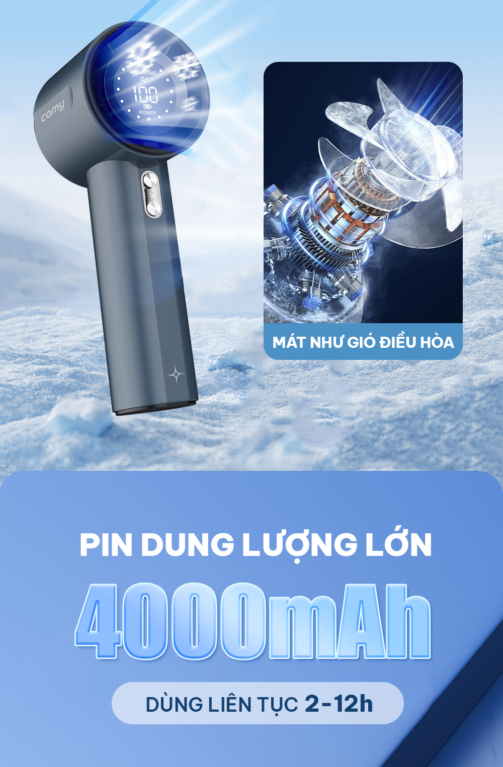 Quạt cầm tay Camy Super Turbo máy quạt tích điện mini 100 tốc độ gió 4000mAh màn hình led BH 6 tháng