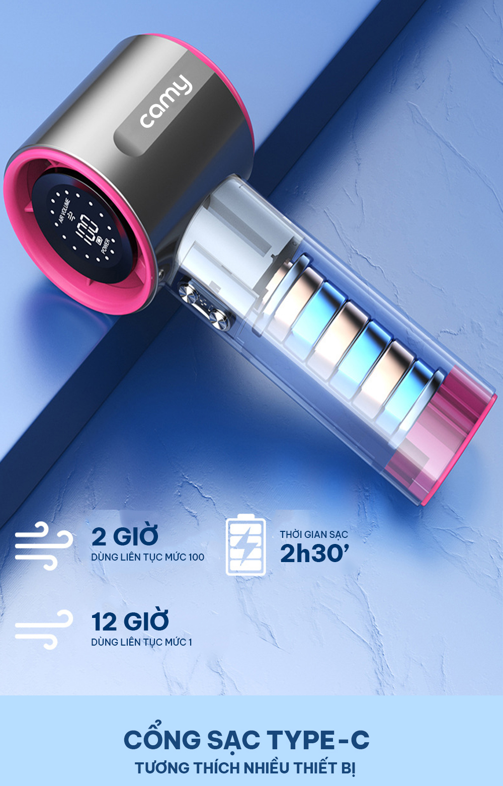 Quạt cầm tay Camy Super Turbo máy quạt tích điện mini 100 tốc độ gió 4000mAh màn hình led BH 6 tháng