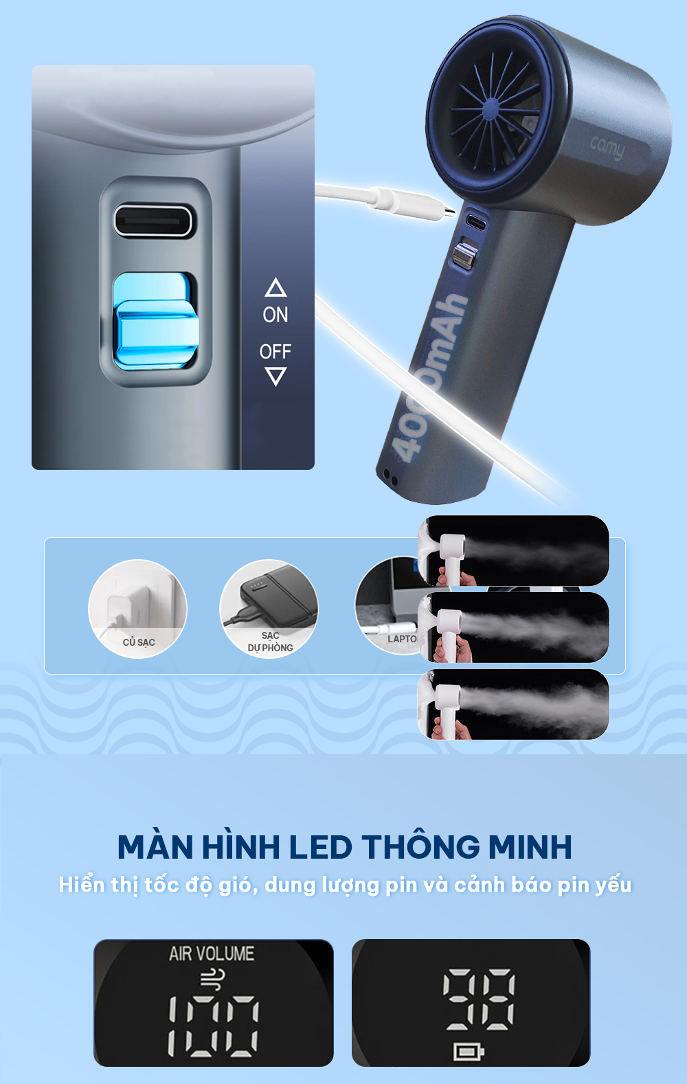 Quạt cầm tay Camy Super Turbo máy quạt tích điện mini 100 tốc độ gió 4000mAh màn hình led BH 6 tháng