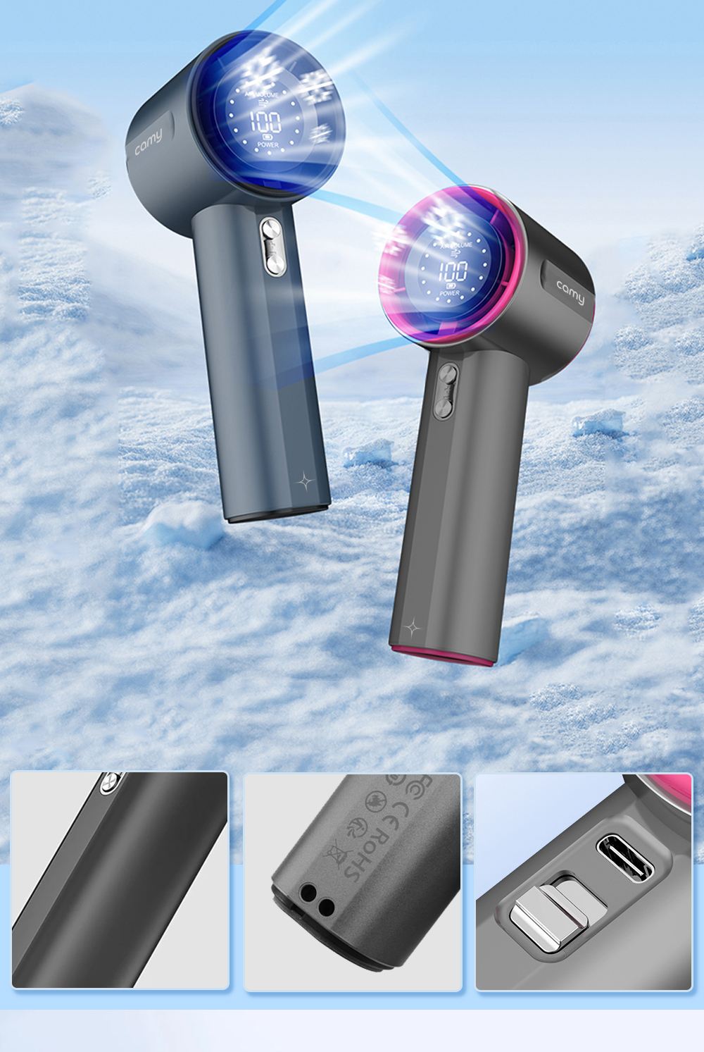 Quạt cầm tay Camy Super Turbo máy quạt tích điện mini 100 tốc độ gió 4000mAh màn hình led BH 6 tháng