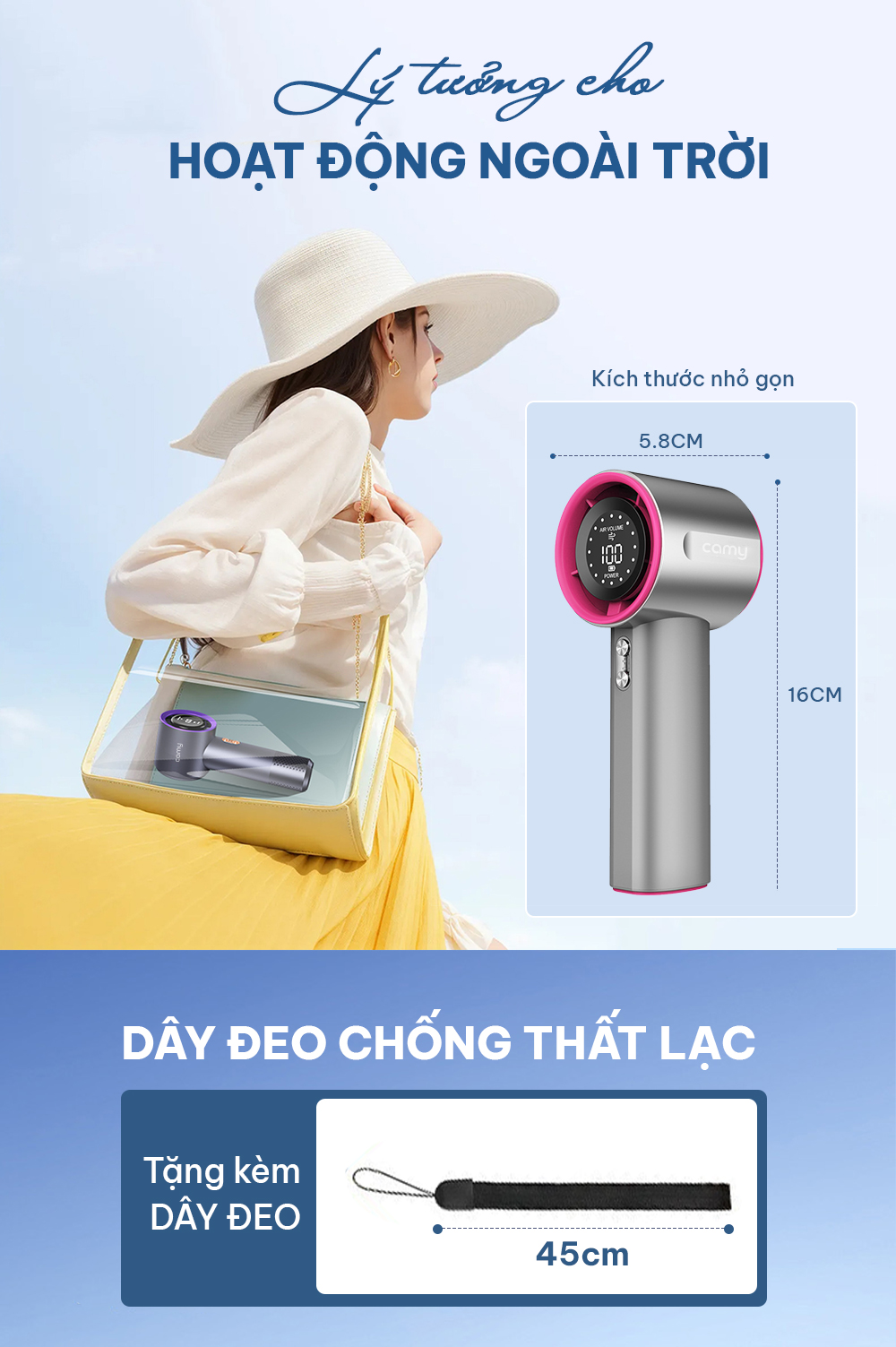 Quạt cầm tay Camy Super Turbo máy quạt tích điện mini 100 tốc độ gió 4000mAh màn hình led BH 6 tháng