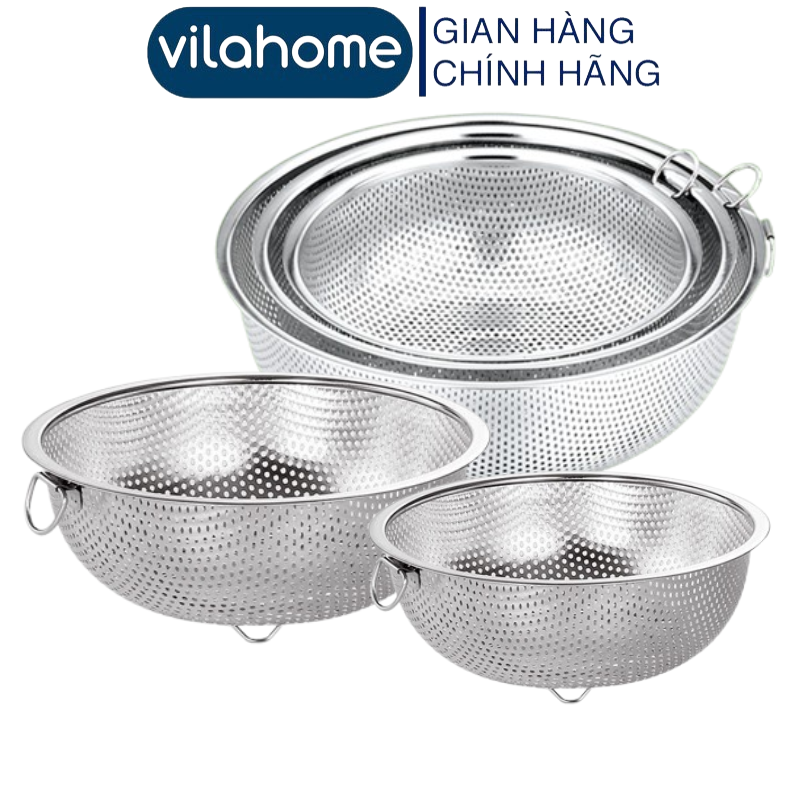Rổ Inox Cao Cấp Vilahome, Mắt Lỗ 2mm Có Chân Đế Rửa Rau Củ, Vo Gạo ...