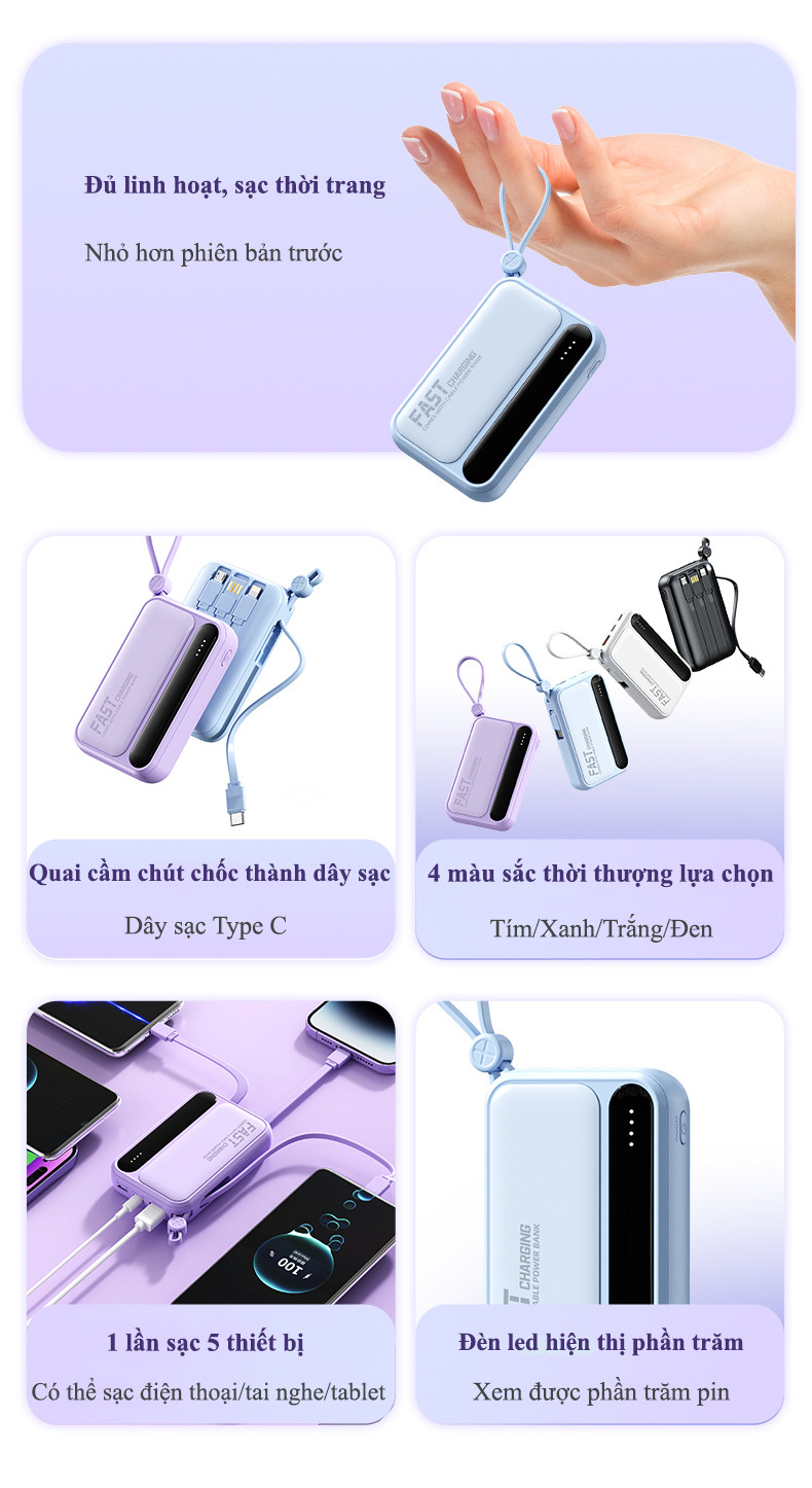 Pin Sạc Dự Phòng 20000mAh Tích Hợp 4 Cáp, Màn Hình LED, Type-C Lightning Micro USB, Nhỏ Gọn – ảnh mô tả chi tiết 5