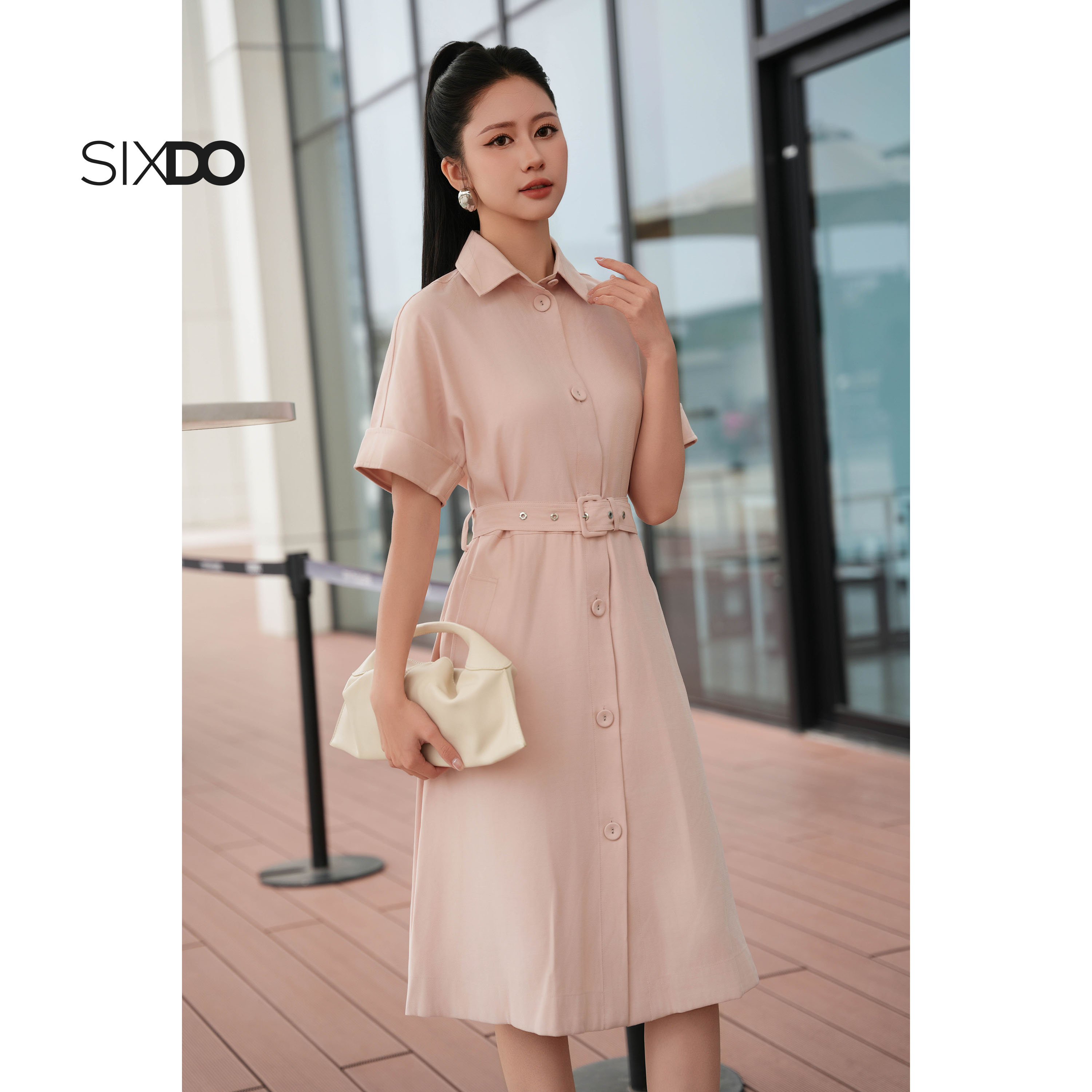 Đầm sơ mi hồng nhạt SIXDO (Light Pink Woven Flared Dress) | Shopee Việt Nam