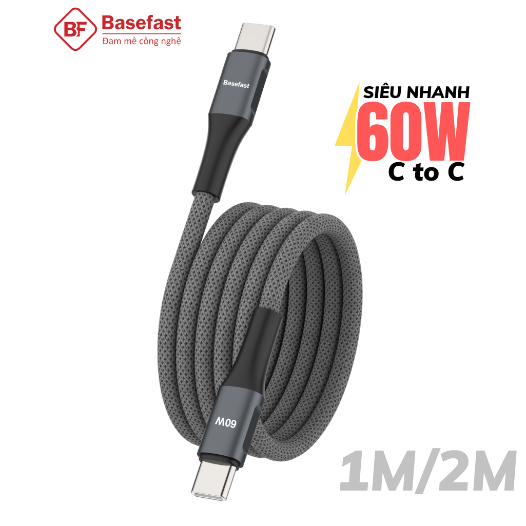 Dây sạc nhanh Type C 60W Basefast cáp bọc dù C to C dài 1m 2m dùng cho Phone 15 16 samsung xiaomi .. – ảnh mô tả chi tiết 1