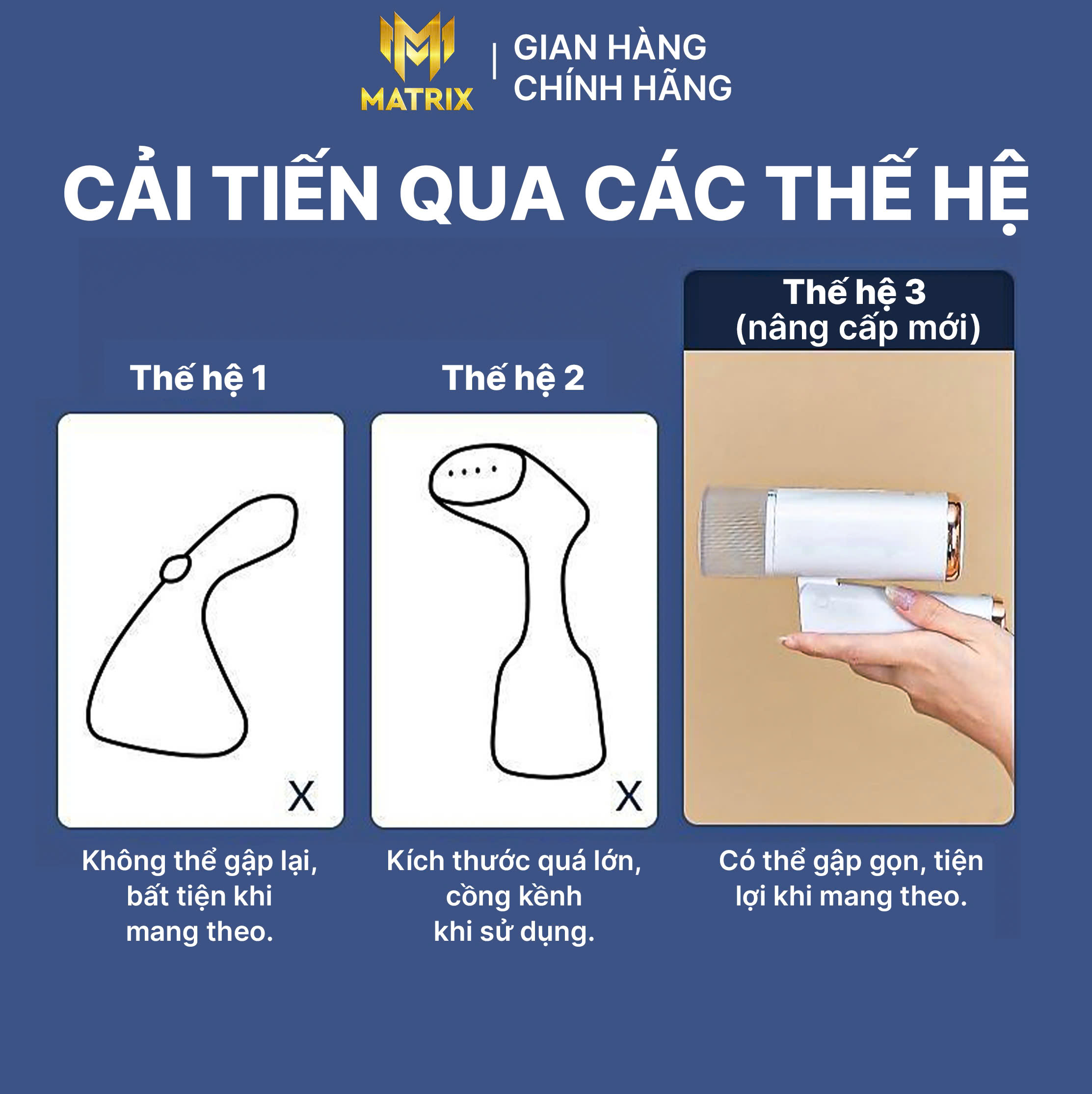Bàn ủi hơi nước cầm tay MATRIX có thể gấp gọn tiện lợi, thích hợp cho mọi loại vải, bàn là cầm tay dung tích lớn