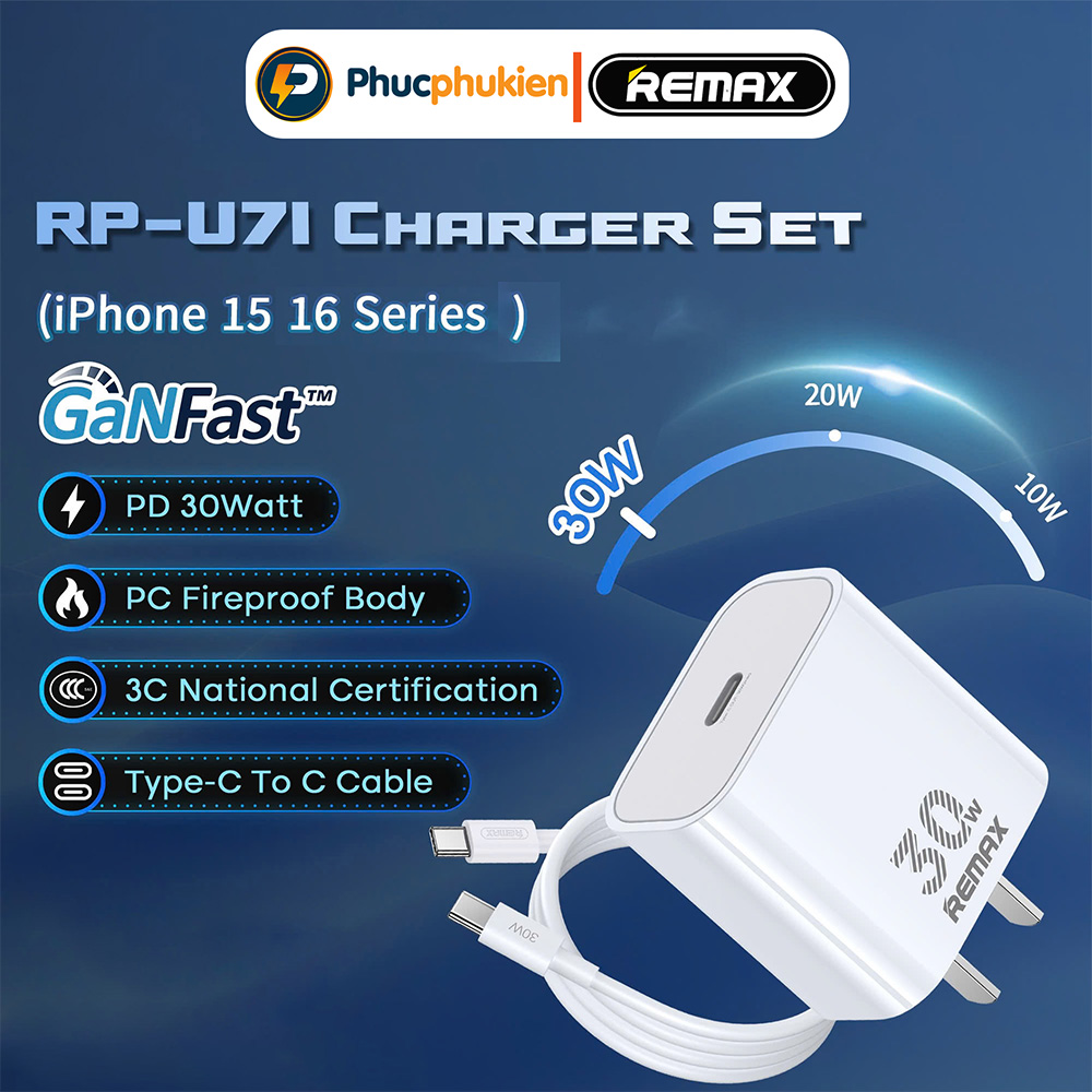 Remax U71 - Bộ sạc 30w gồm củ sạc + Dây type C to type C sạc nhanh 30w ...