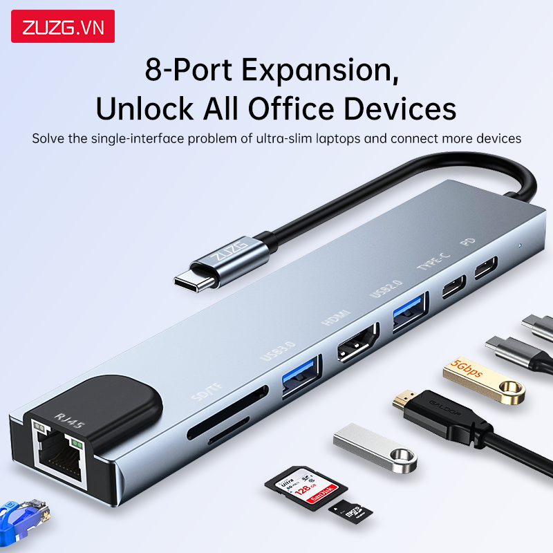 Hub USB C 8in1 ZUZG Chính Hãng ZC-FX06, HDMI 4K, LAN 100Mbps, PD 100W ...