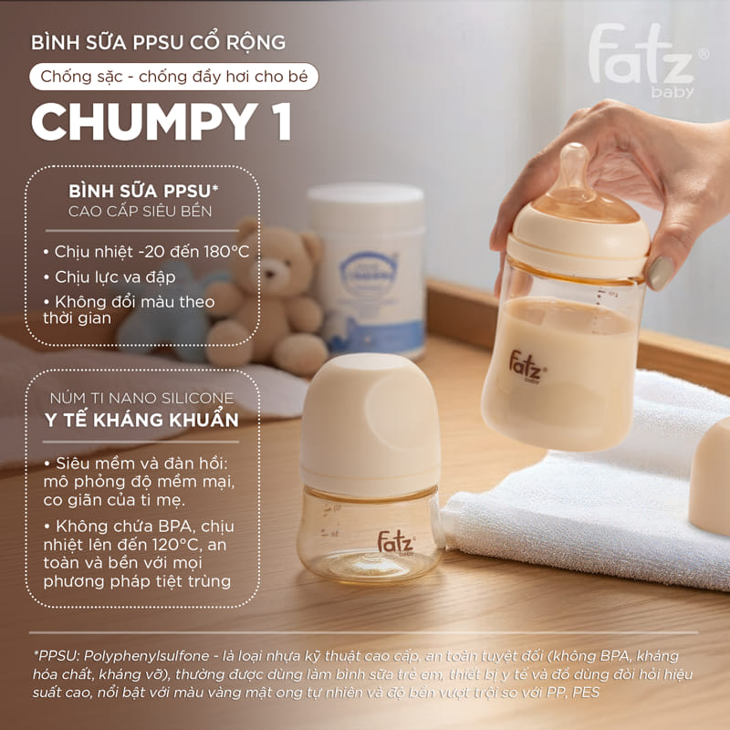 Bình sữa PPSU Fatz Baby Chumpy 1 cổ rộng chống sặc chống đầy hơi an ...