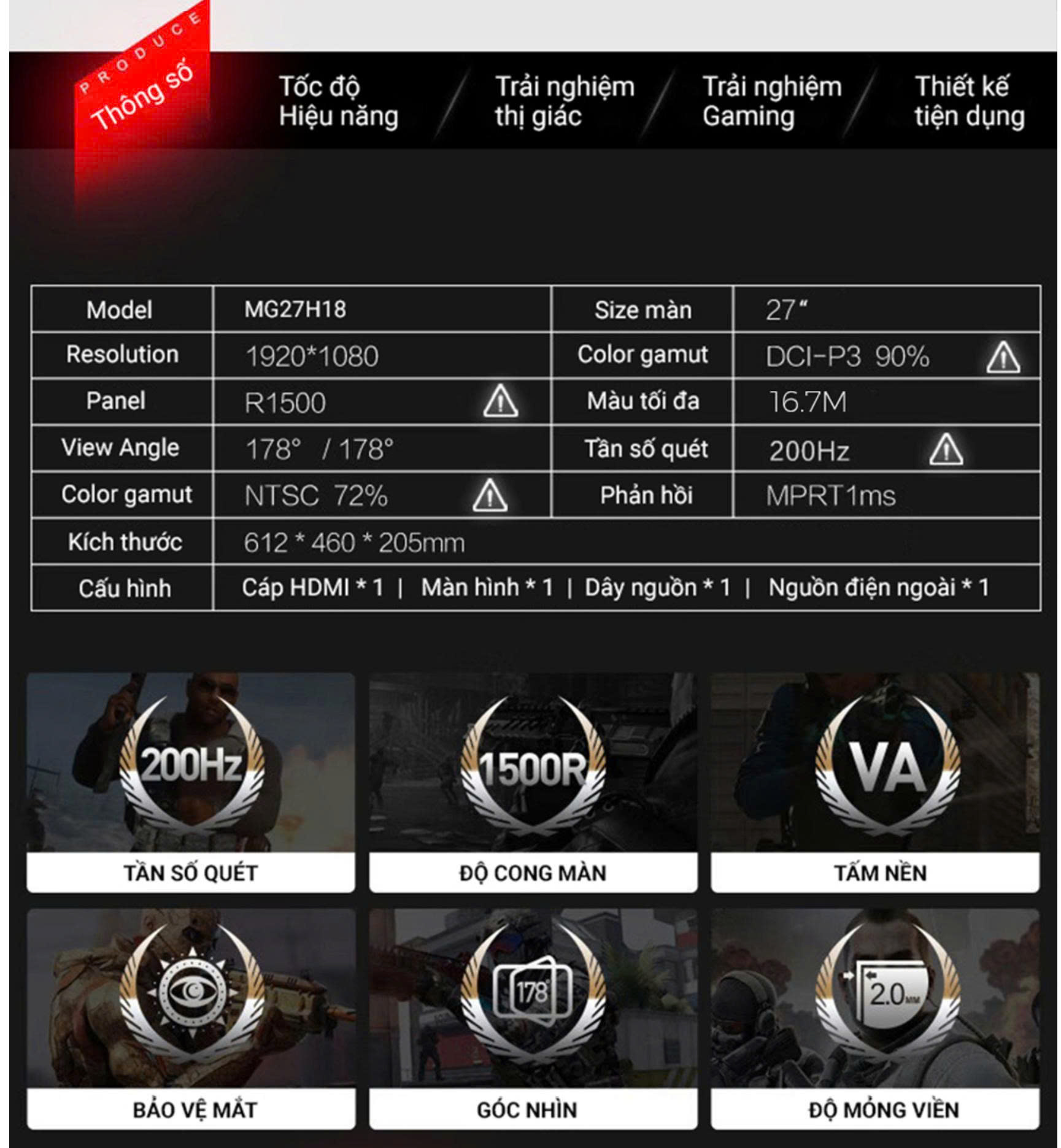 Màn hình cong Gaming HKC MG27H18 27inch 200Hz (Panel VA | 27