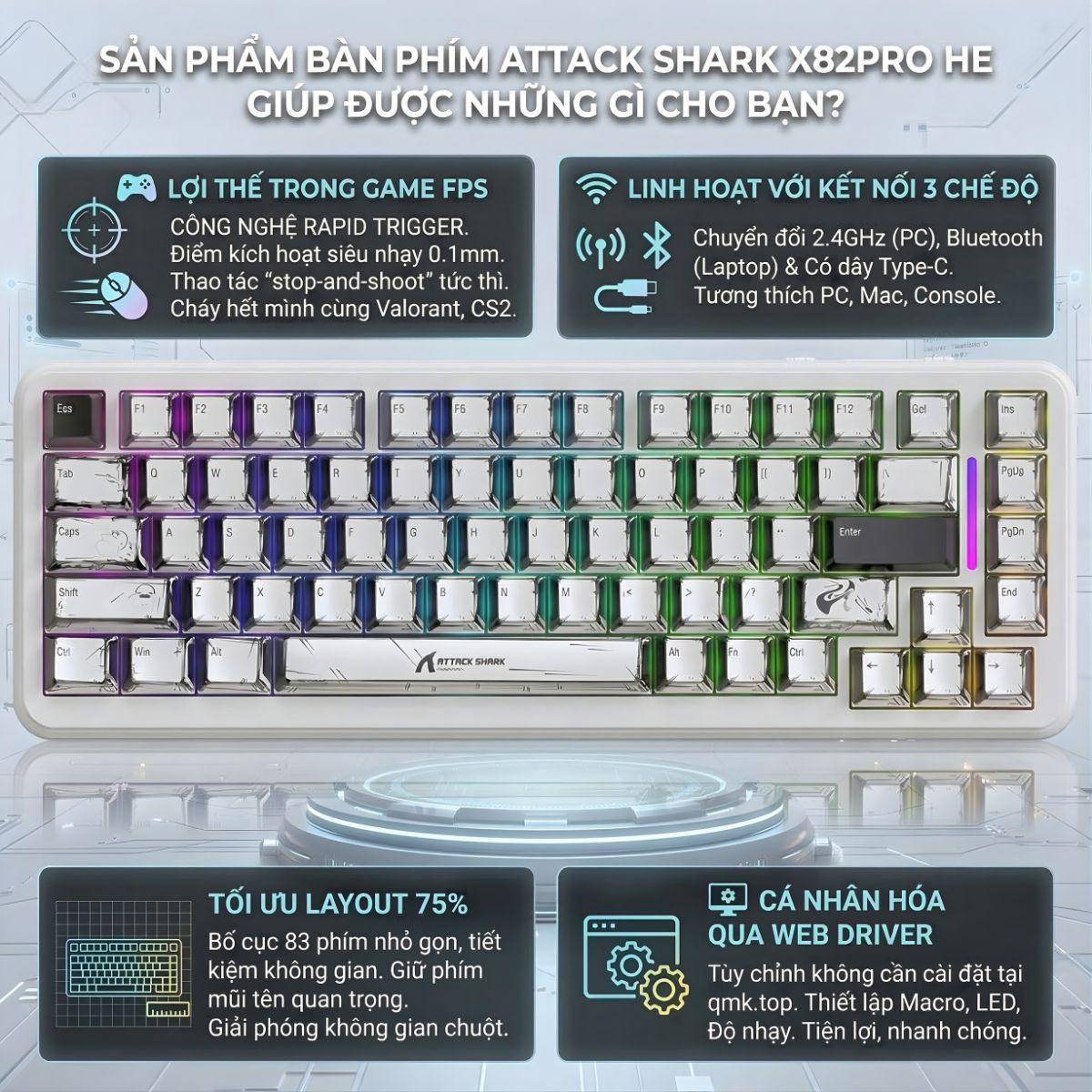 Bàn Phím Gaming Không Dây Rapid Trigger Attack Shark X82 PRO HE LED RGB ...