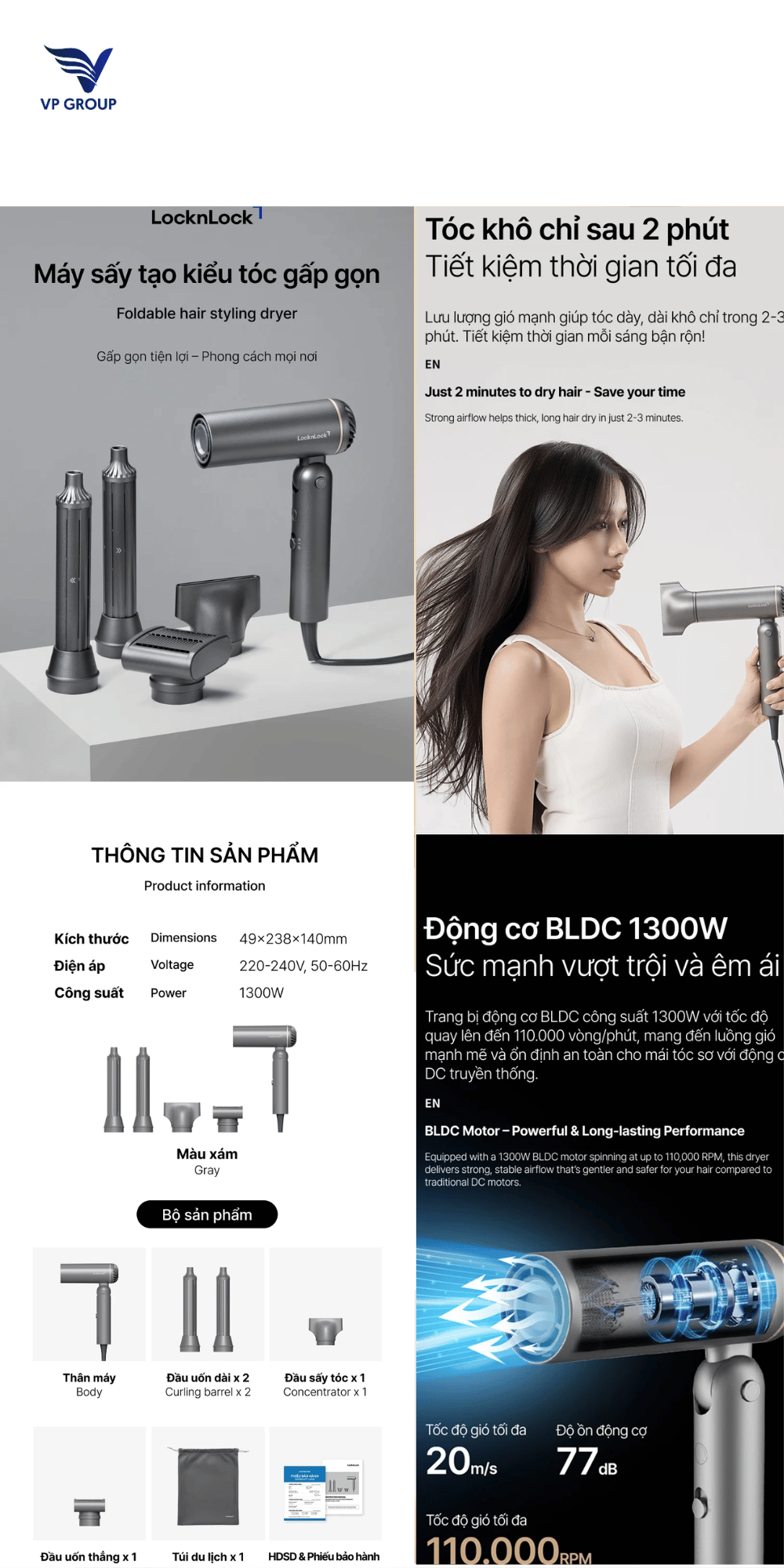 Máy sấy tạo kiểu tóc gấp gọn LocknLock Foldable hair styling dryer 50 ...