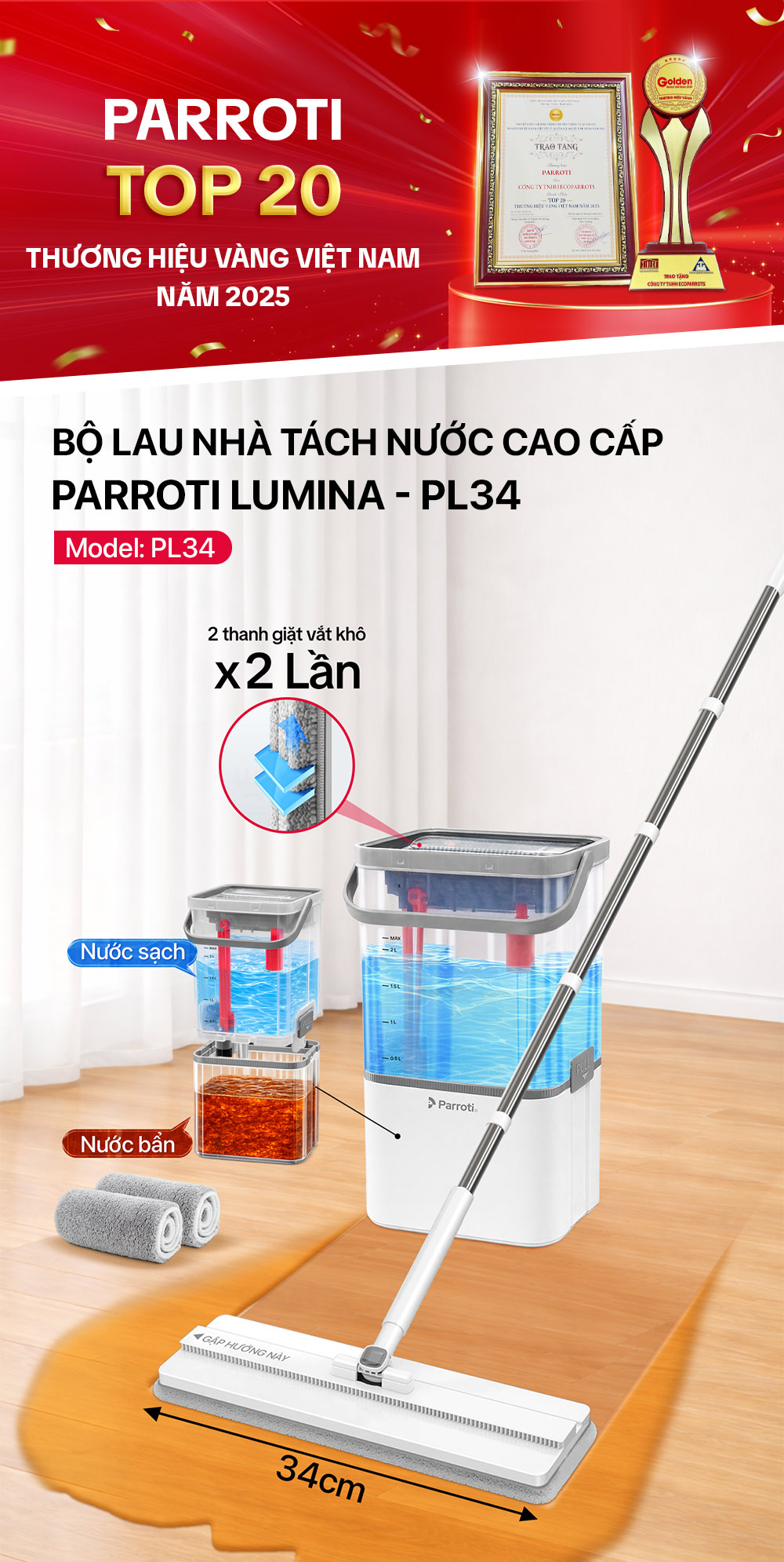 Bộ Lau Nhà Tách Nước Bàn Lau 34cm, Xoay 360 Độ, Tự Vắt Tách Nước Sạch ...