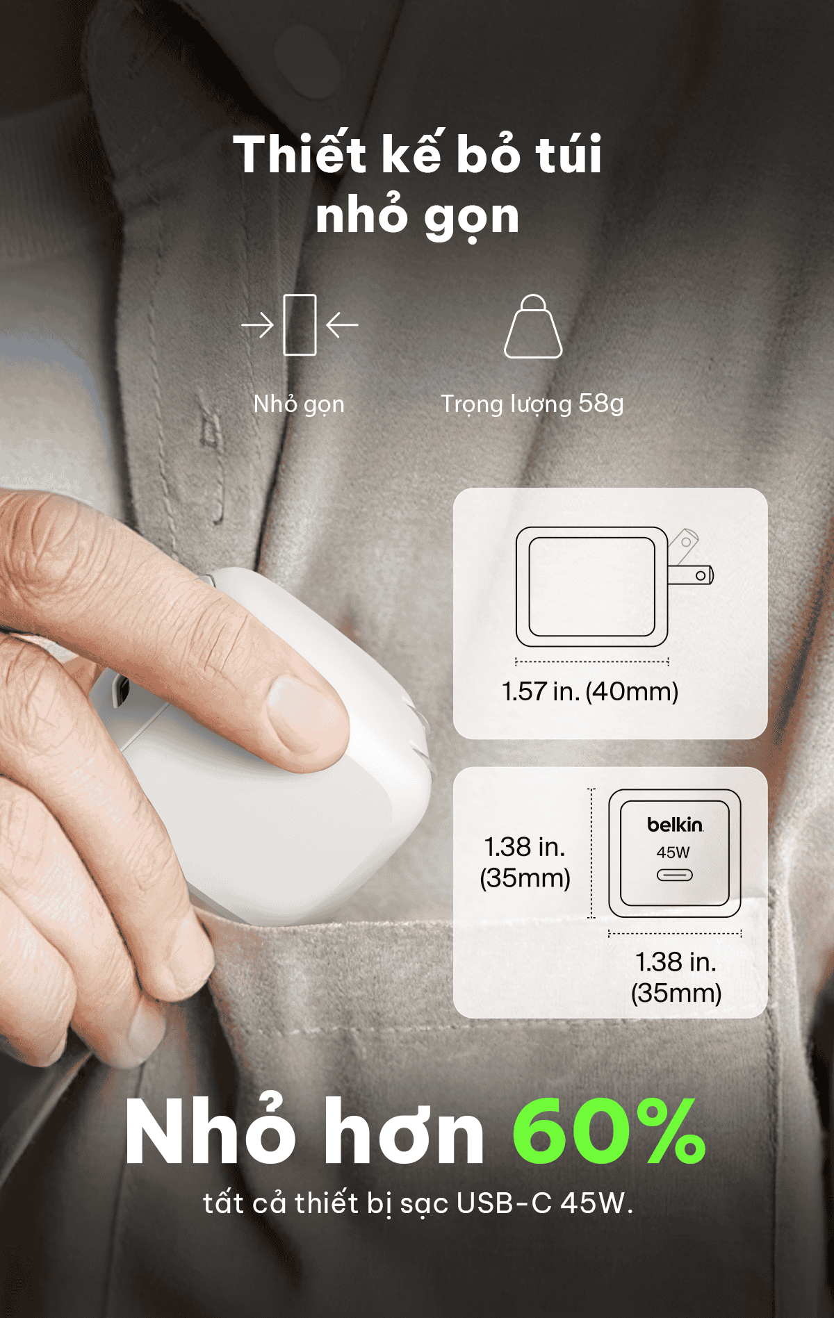 Củ sạc nhanh Belkin 45W USB-C PD 3.2 PPS nhỏ gọn 1 cổng tương thích iPhone 17/18 iPad MacBook Air BH chính hãng 2 năm – ảnh mô tả chi tiết 4