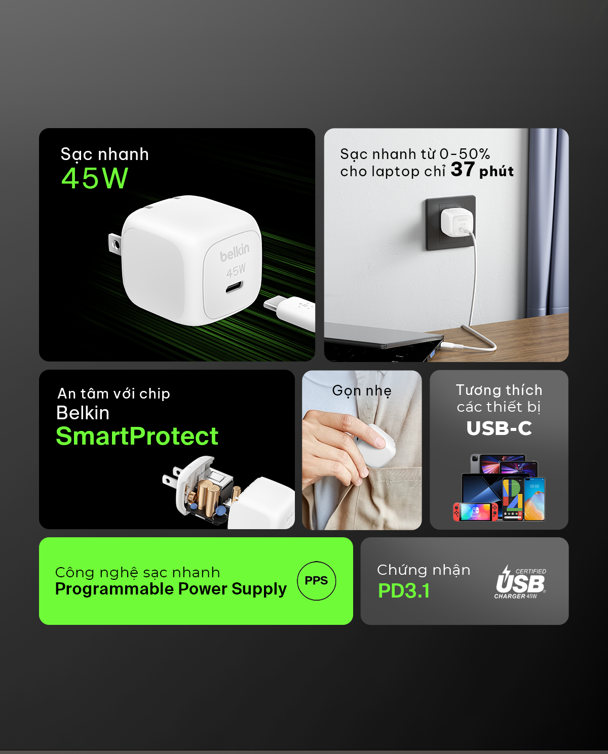 Củ sạc nhanh Belkin 45W USB-C PD 3.2 PPS nhỏ gọn 1 cổng tương thích iPhone 17/18 iPad MacBook Air BH chính hãng 2 năm – ảnh mô tả chi tiết 2