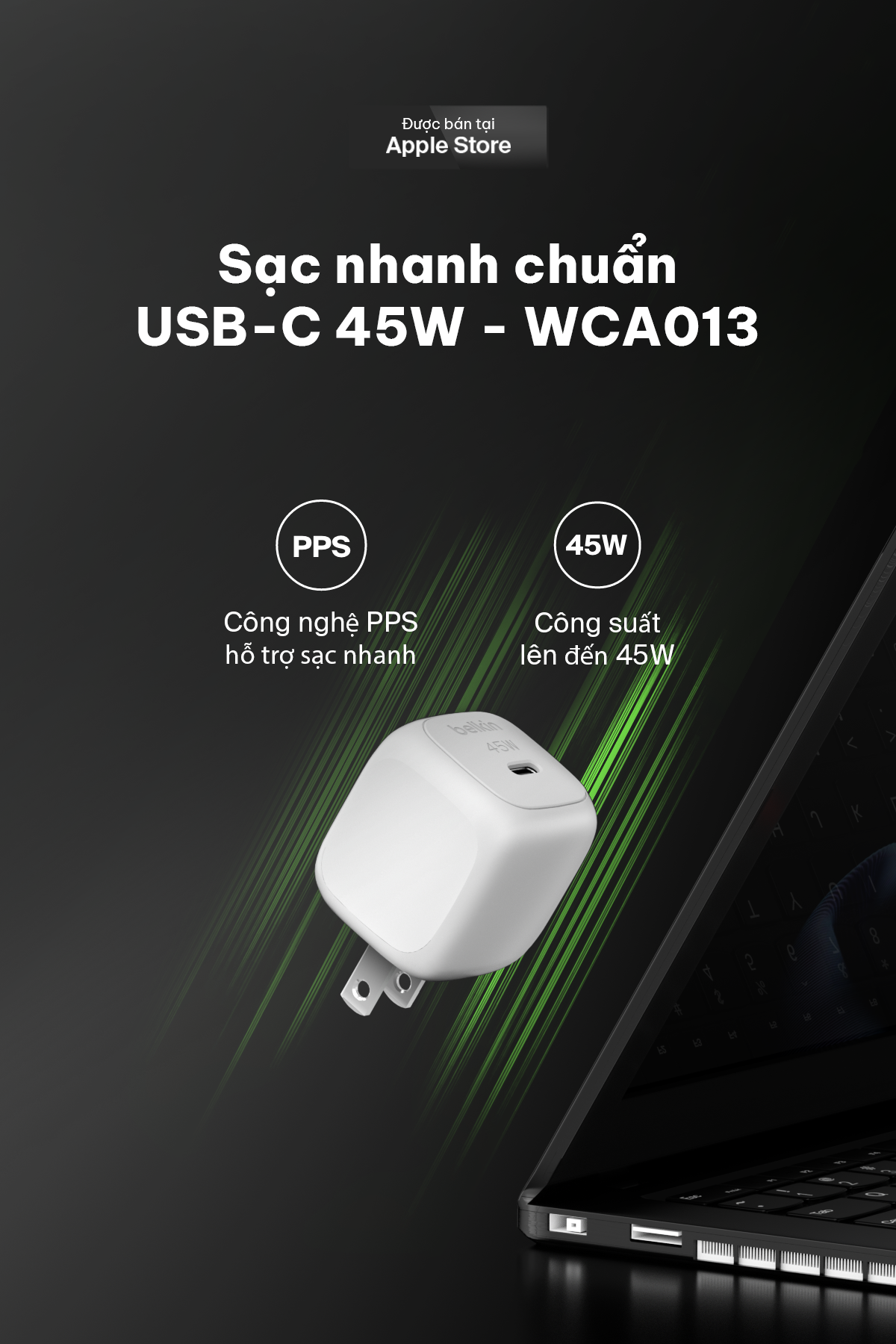 Củ sạc nhanh Belkin 45W USB-C PD 3.2 PPS nhỏ gọn 1 cổng tương thích iPhone 17/18 iPad MacBook Air BH chính hãng 2 năm – ảnh mô tả chi tiết 1
