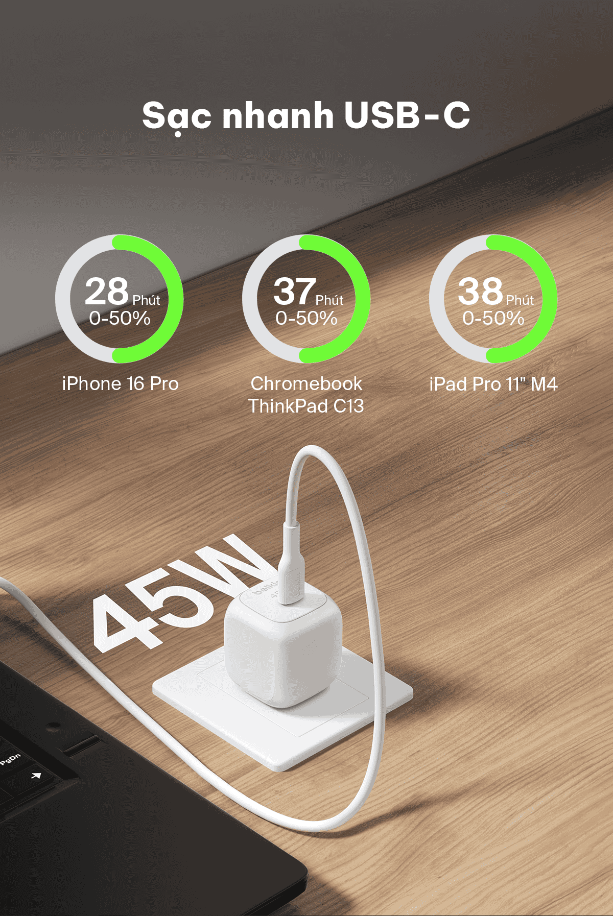 Củ sạc nhanh Belkin 45W USB-C PD 3.2 PPS nhỏ gọn 1 cổng tương thích iPhone 17/18 iPad MacBook Air BH chính hãng 2 năm – ảnh mô tả chi tiết 3