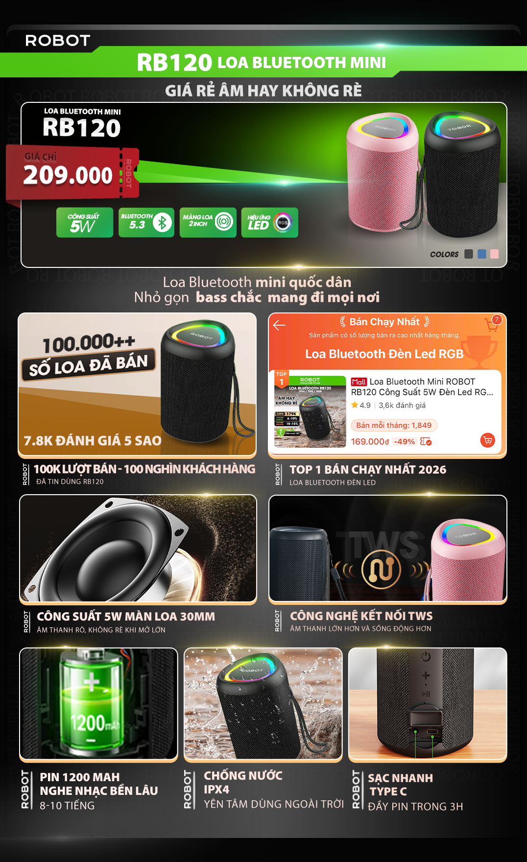 Loa Bluetooth Mini ROBOT RB120 Bass Mạnh công suất 5W LED RGB Kháng Nước IPX4 BH 12 THÁNG
