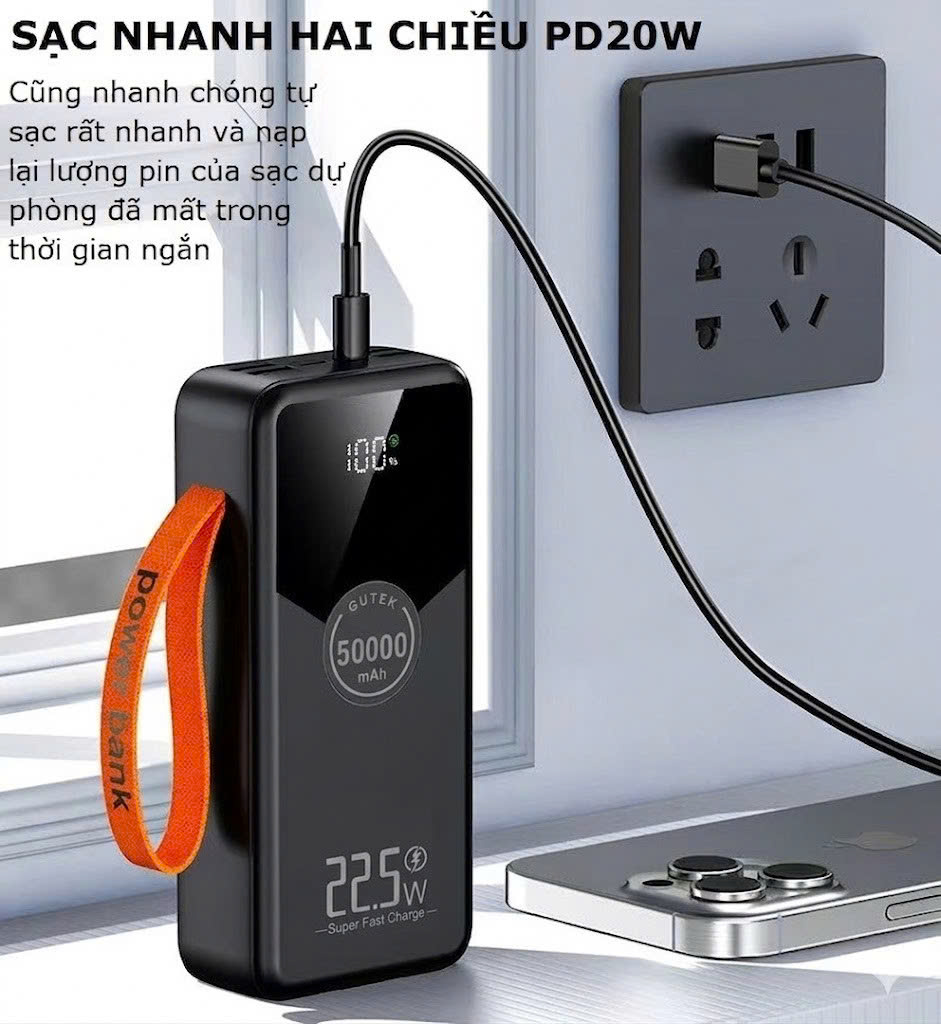 Sạc dự phòng 50000mAh sạc nhanh 22,5w dung lượng pin lớn có dây cắm nhiều điện thoại - Gutek GT230 – ảnh mô tả chi tiết 4