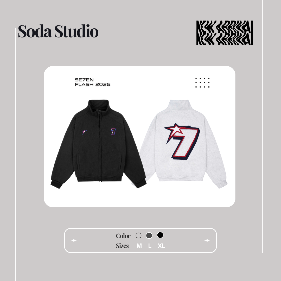 [SUMMER SALE]  Soda Studio| Áo Hoodie Form Boxy Thêu xù SE7EN FLASH - Áo khoác Thời trang Cổ cao thêu số 7 Unisex Nam Nữ