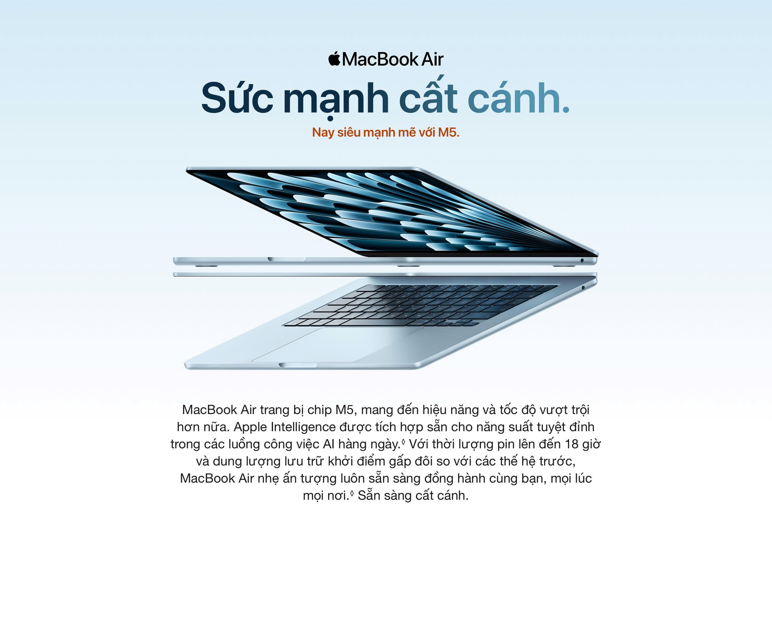 Máy tính xách tay Apple MacBook Air 13.6 inch, M5, 16GB ram, 10-core CPU, 8-core GPU, 512GB, sạc 30W