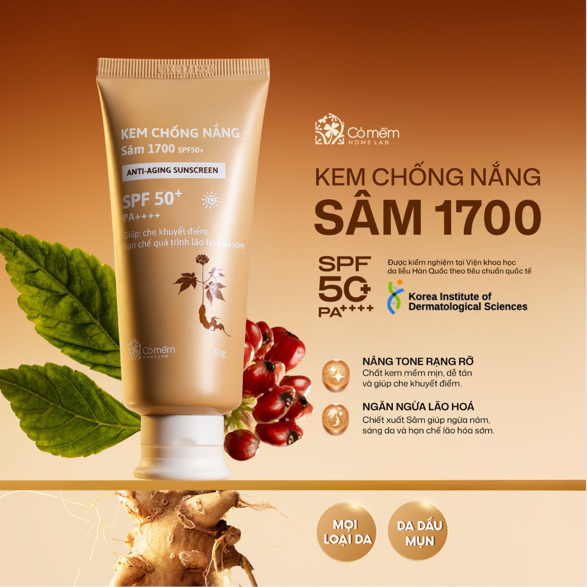 Kem Chống Nắng Mặt Sâm 1700 SPF50+ PA++++ Che Khuyết Điểm Điểm Ngừa Lão Hóa Mọi Loại Da Cỏ Mềm 60g