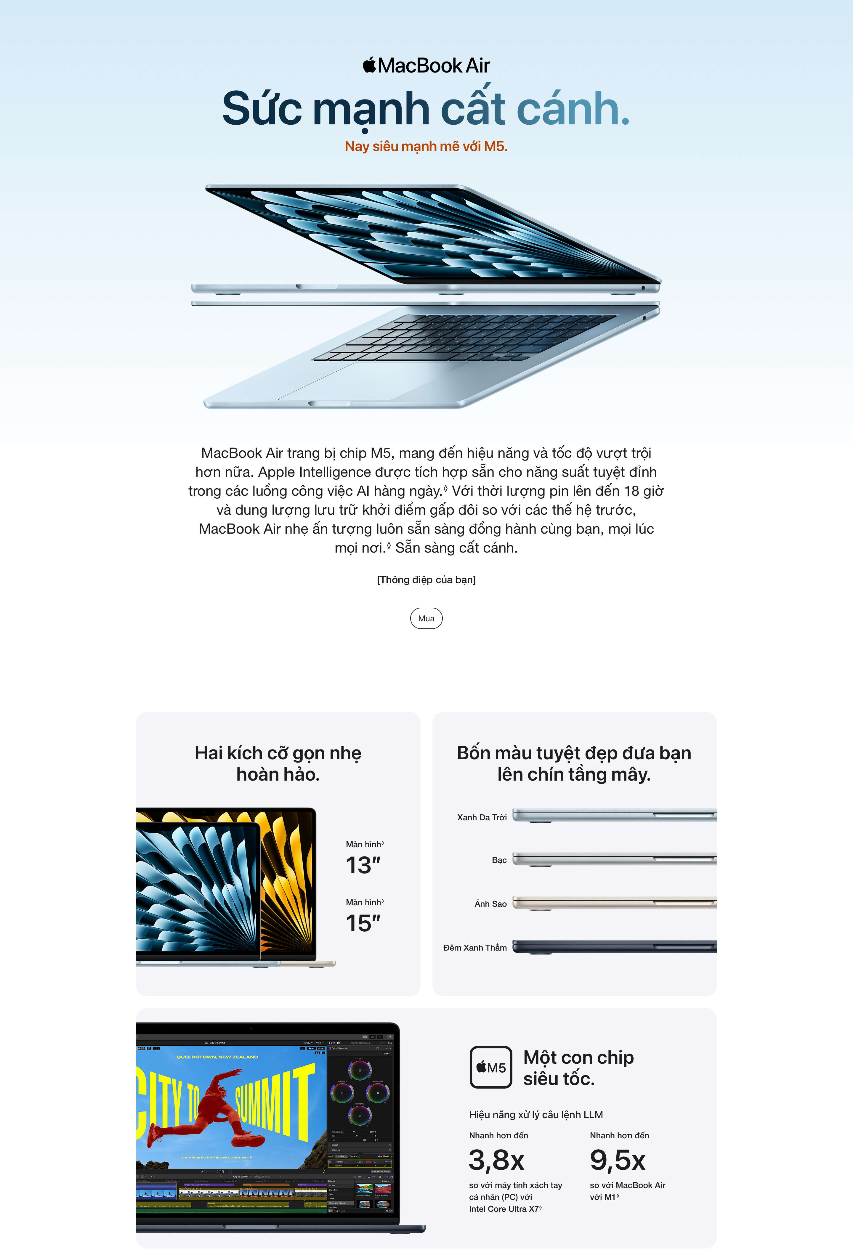 Máy tính xách tay Apple MacBook Air M5 13.6 inch 2026 (10CPU | 10GPU | 16GB RAM | 1TB SSD)