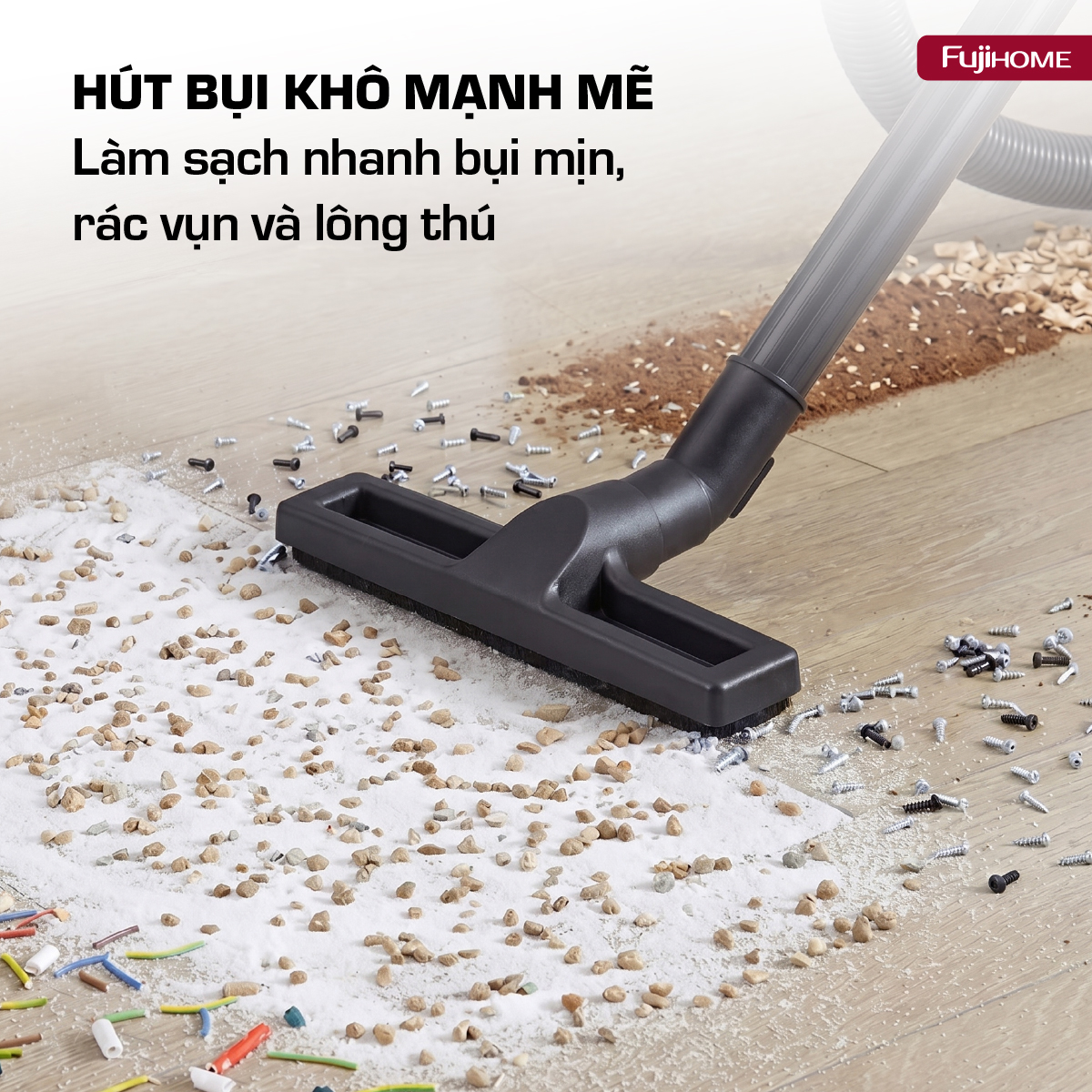 Trọn bộ đóng gói và phụ kiện đi kèm máy hút bụi công nghiệp Fujihome VC18N