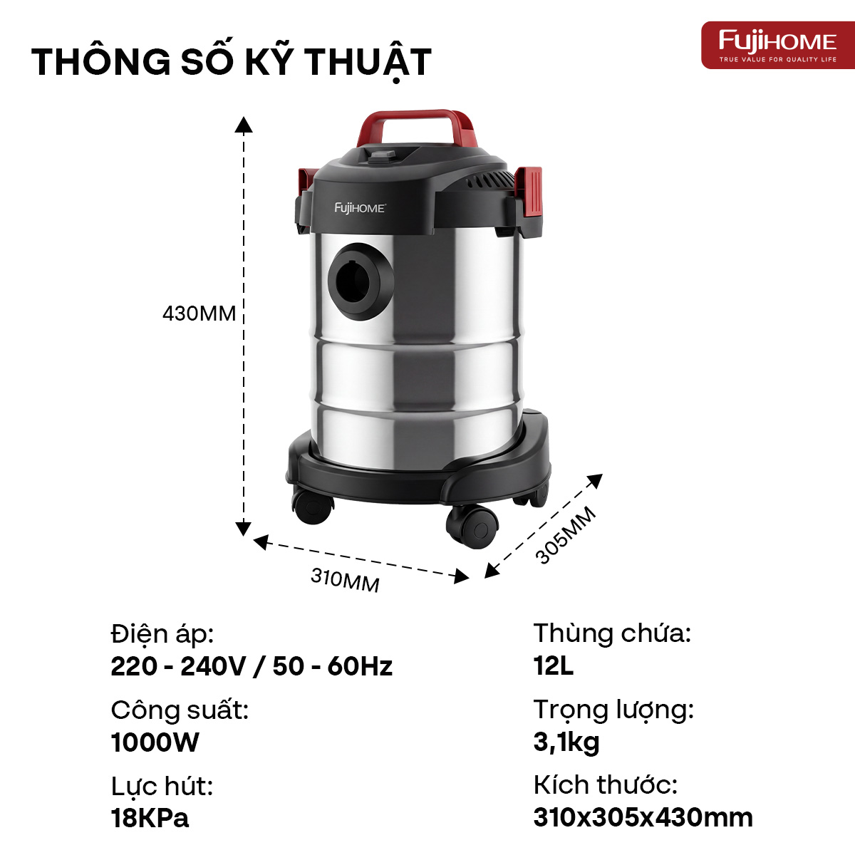 Trọn bộ phụ kiện đi kèm máy hút bụi khô ướt Fujihome VC12N