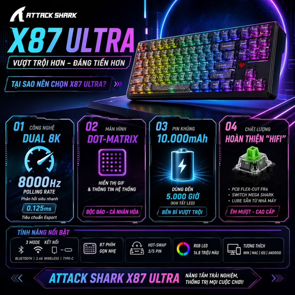 Bàn Phím Cơ Không Dây Attack Shark X87 Ultra Dongle 8KHz, Màn Hình Dot ...